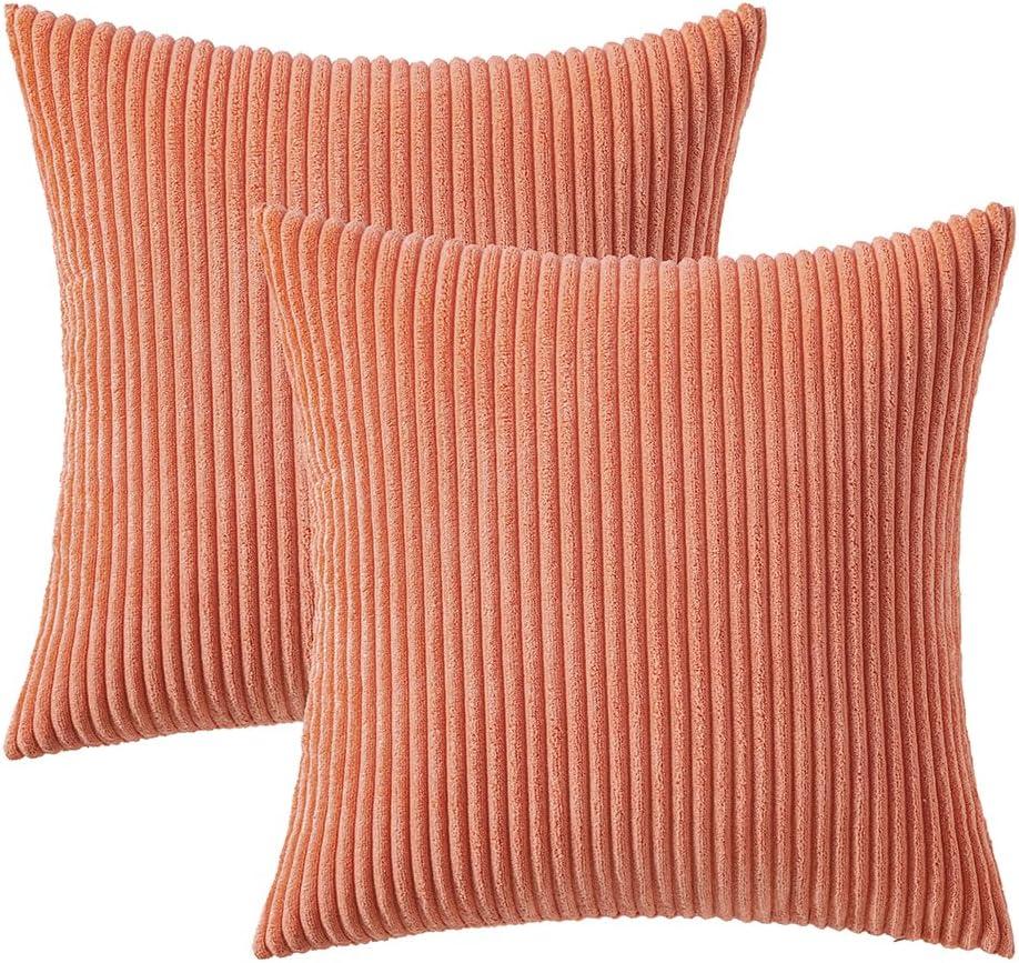 imageMIULEE Pack of 2 Burnt Orange Pillow Covers 18x18 Inch Soft Boho Striped Corduroy Throw Pillow Covers Set Decorative Square Cushion Cases Pillowcases for Sofa Bedroom CouchCoral Red