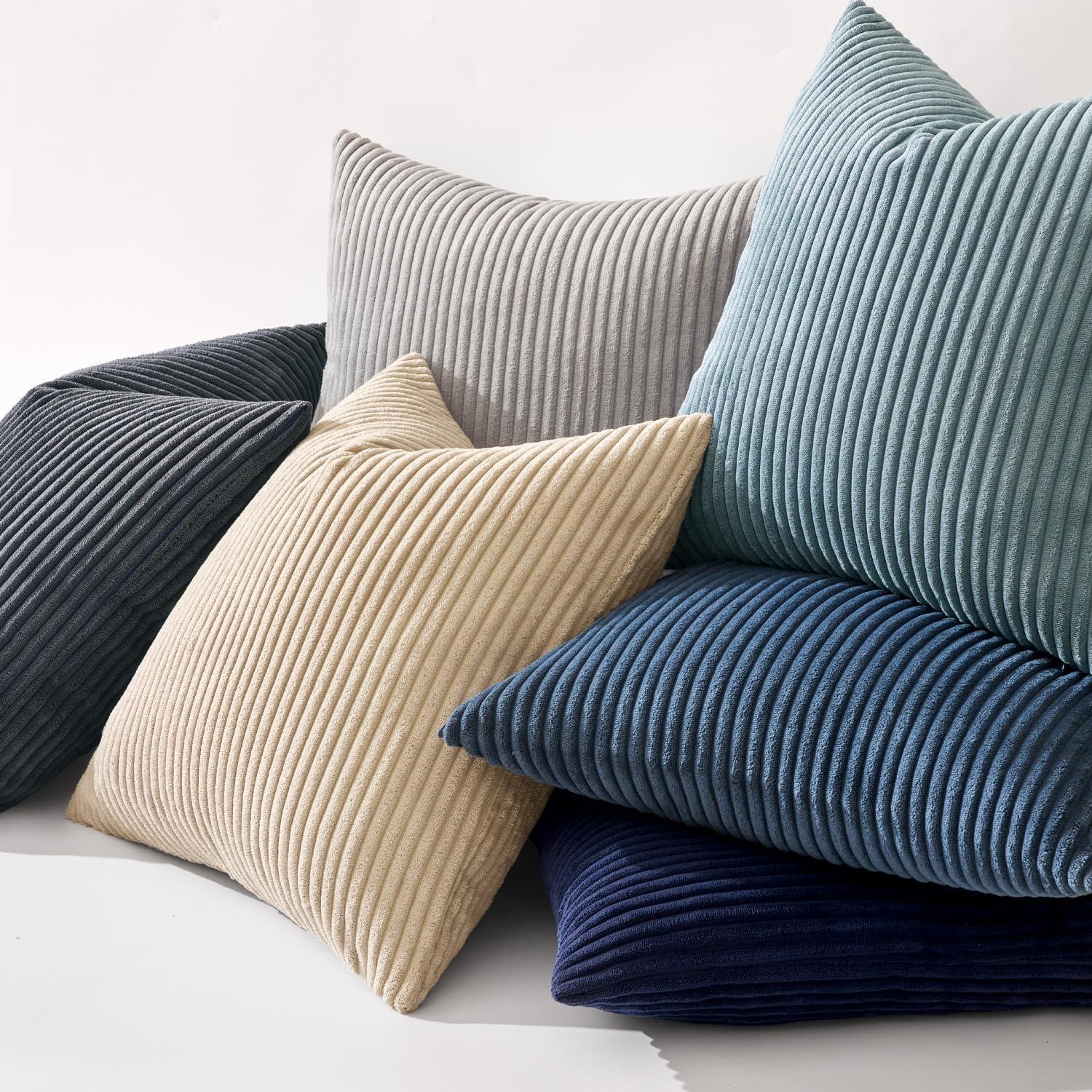 imageMIULEE Pack of 2 Burnt Orange Pillow Covers 18x18 Inch Soft Boho Striped Corduroy Throw Pillow Covers Set Decorative Square Cushion Cases Pillowcases for Sofa Bedroom CouchSmoky Blue