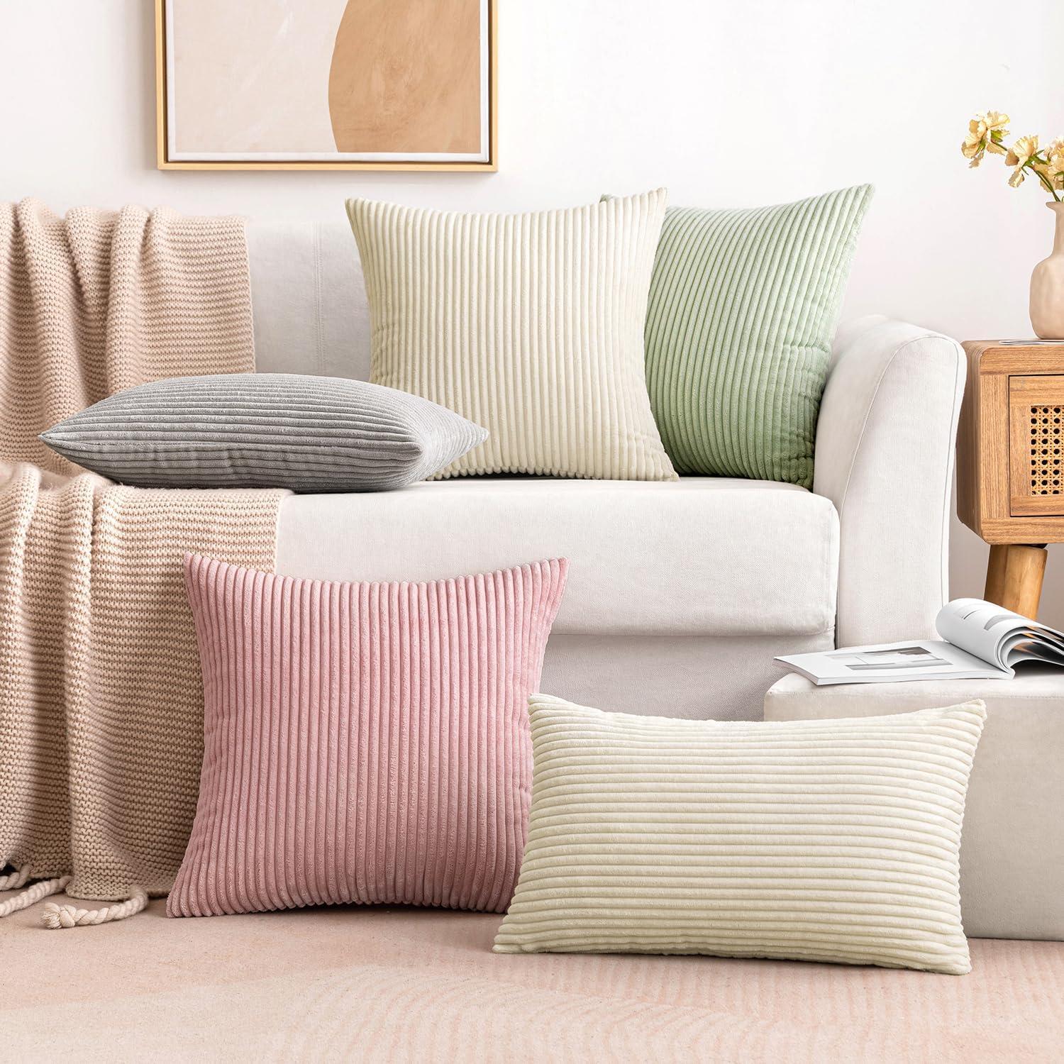imageMIULEE Pack of 2 Burnt Orange Pillow Covers 18x18 Inch Soft Boho Striped Corduroy Throw Pillow Covers Set Decorative Square Cushion Cases Pillowcases for Sofa Bedroom CouchCream White