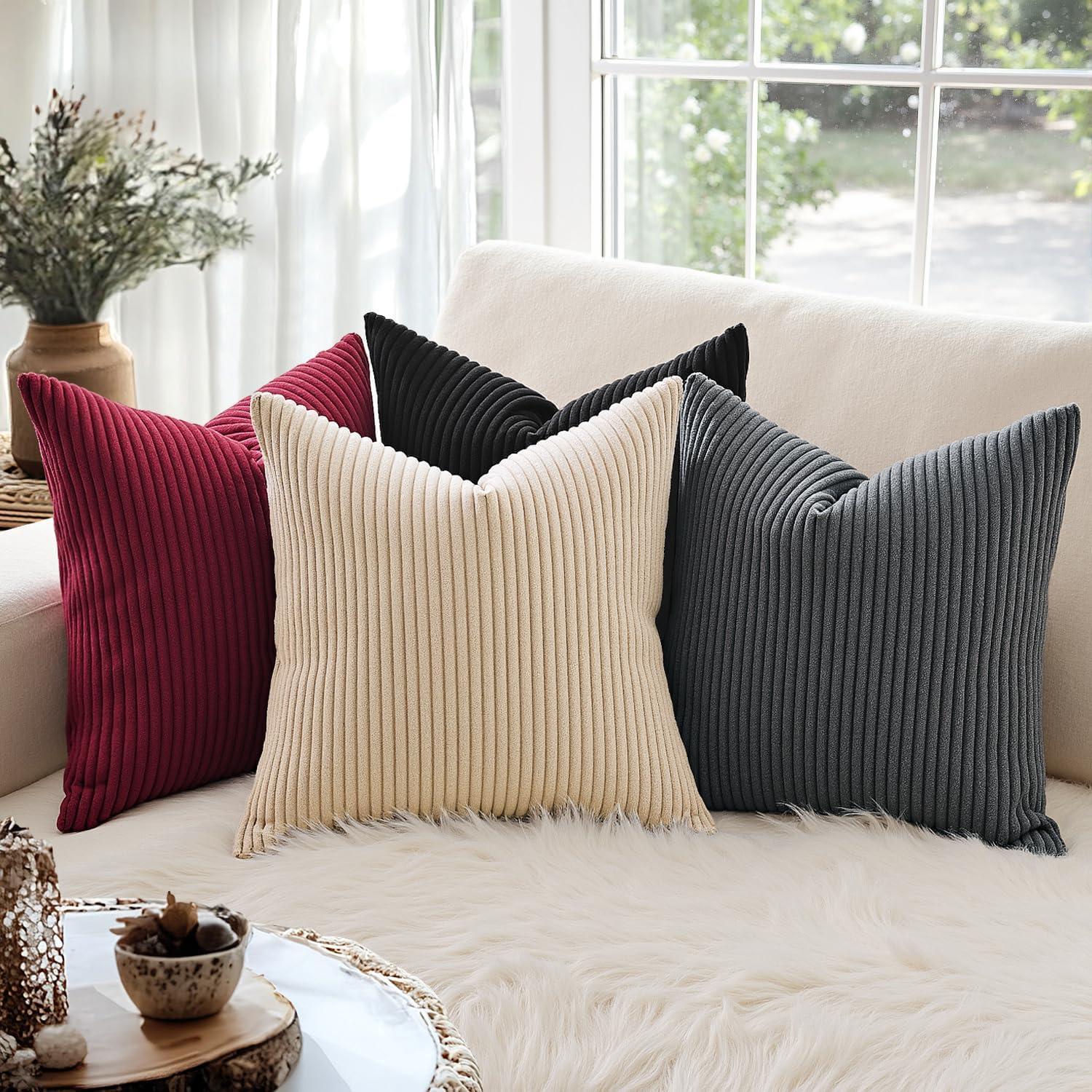 imageMIULEE Pack of 2 Burnt Orange Pillow Covers 18x18 Inch Soft Boho Striped Corduroy Throw Pillow Covers Set Decorative Square Cushion Cases Pillowcases for Sofa Bedroom CouchGrey