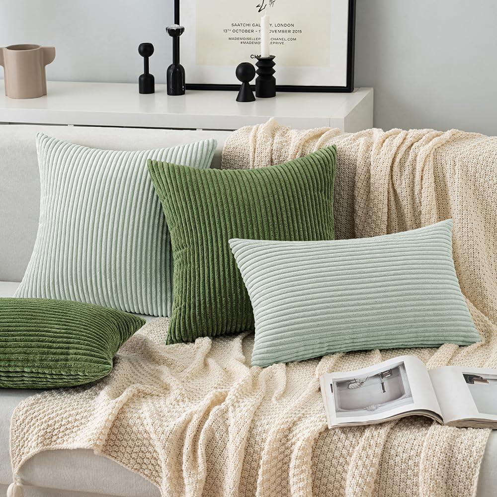 imageMIULEE Pack of 2 Burnt Orange Pillow Covers 18x18 Inch Soft Boho Striped Corduroy Throw Pillow Covers Set Decorative Square Cushion Cases Pillowcases for Sofa Bedroom CouchMoss Green