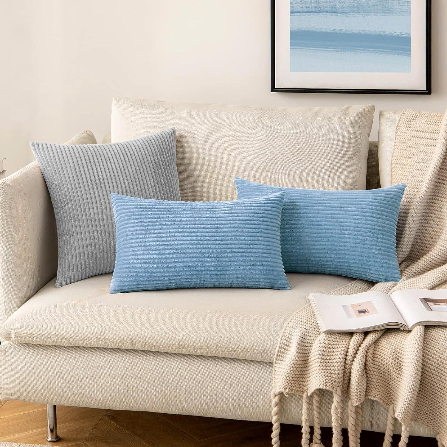 imageMIULEE Pack of 2 Burnt Orange Pillow Covers 18x18 Inch Soft Boho Striped Corduroy Throw Pillow Covers Set Decorative Square Cushion Cases Pillowcases for Sofa Bedroom CouchBaby Boy Blue