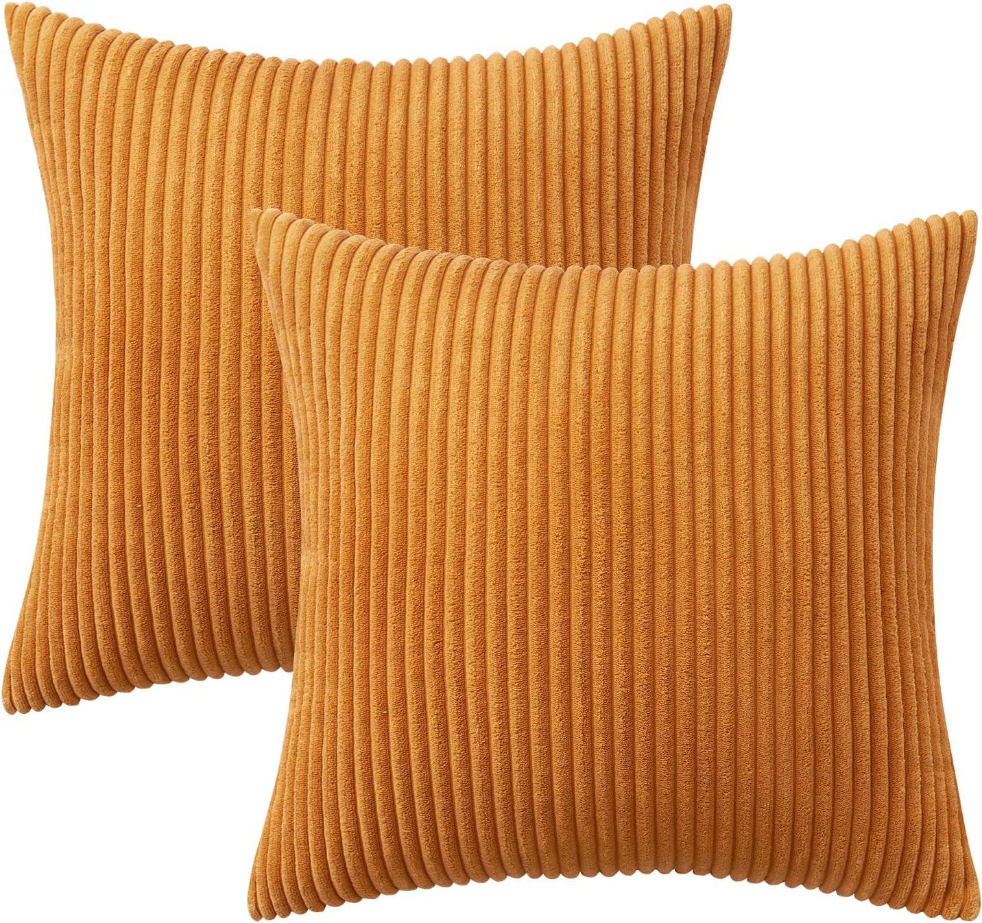 imageMIULEE Pack of 2 Burnt Orange Pillow Covers 18x18 Inch Soft Boho Striped Corduroy Throw Pillow Covers Set Decorative Square Cushion Cases Pillowcases for Sofa Bedroom CouchBurnt Orange