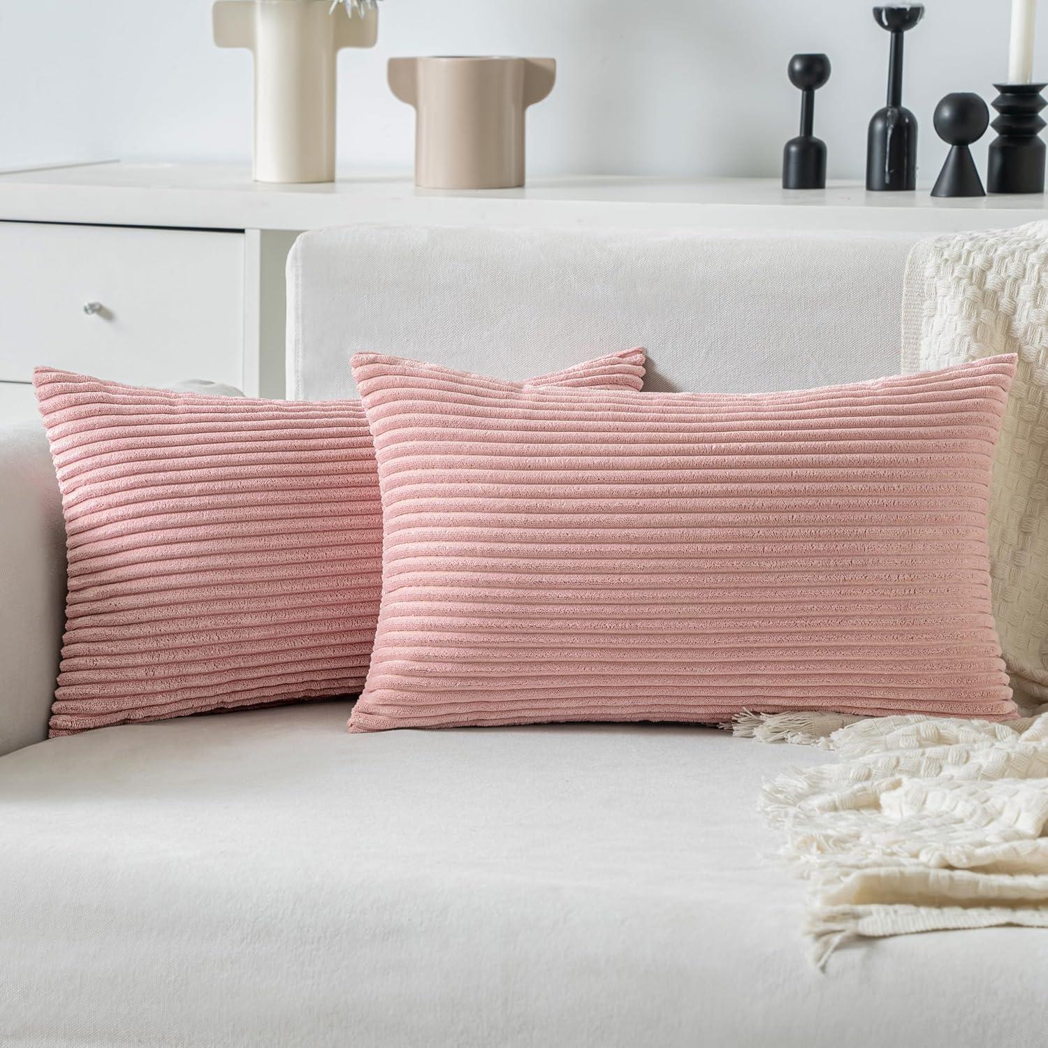 imageMIULEE Pack of 2 Burnt Orange Pillow Covers 18x18 Inch Soft Boho Striped Corduroy Throw Pillow Covers Set Decorative Square Cushion Cases Pillowcases for Sofa Bedroom CouchBlush Pink