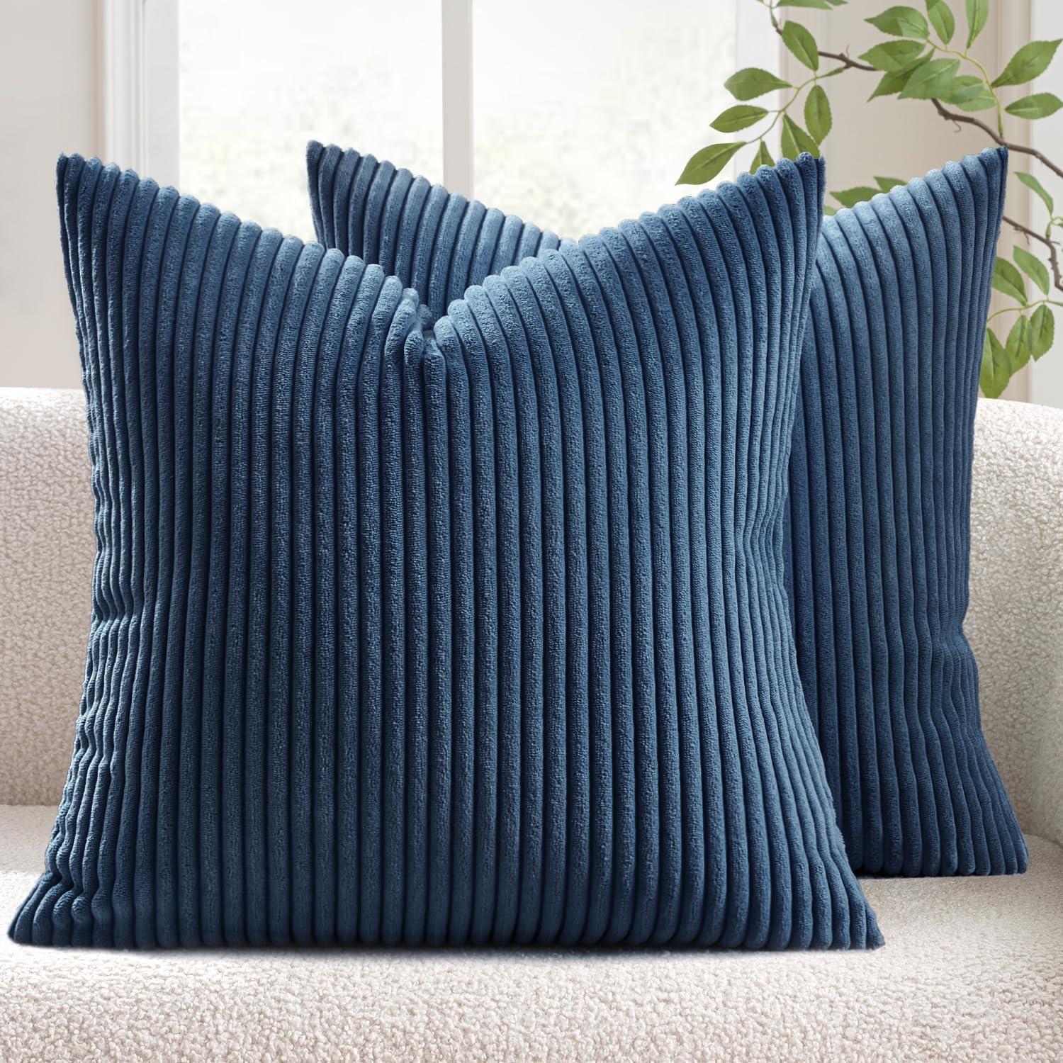 imageMIULEE Pack of 2 Burnt Orange Pillow Covers 18x18 Inch Soft Boho Striped Corduroy Throw Pillow Covers Set Decorative Square Cushion Cases Pillowcases for Sofa Bedroom CouchNavy Blue