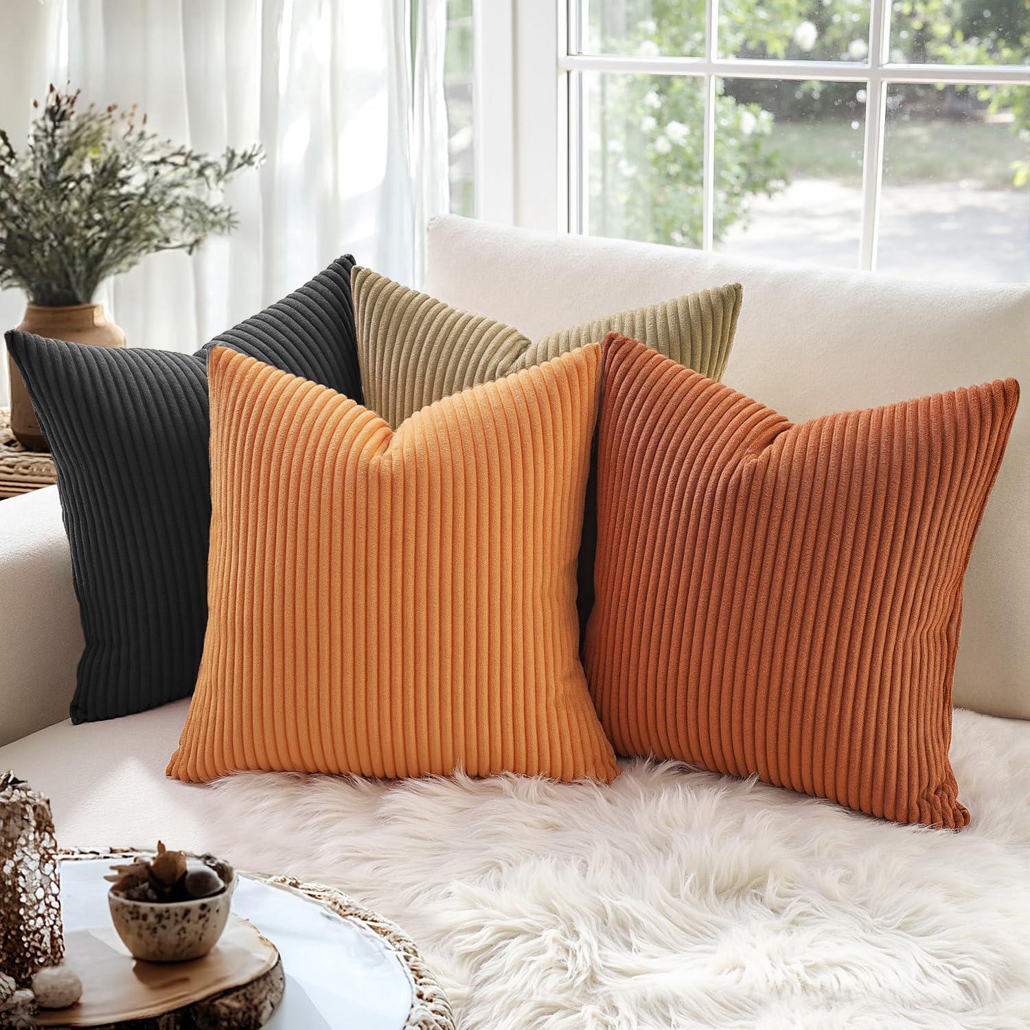 imageMIULEE Pack of 2 Burnt Orange Pillow Covers 18x18 Inch Soft Boho Striped Corduroy Throw Pillow Covers Set Decorative Square Cushion Cases Pillowcases for Sofa Bedroom CouchBurnt Orange