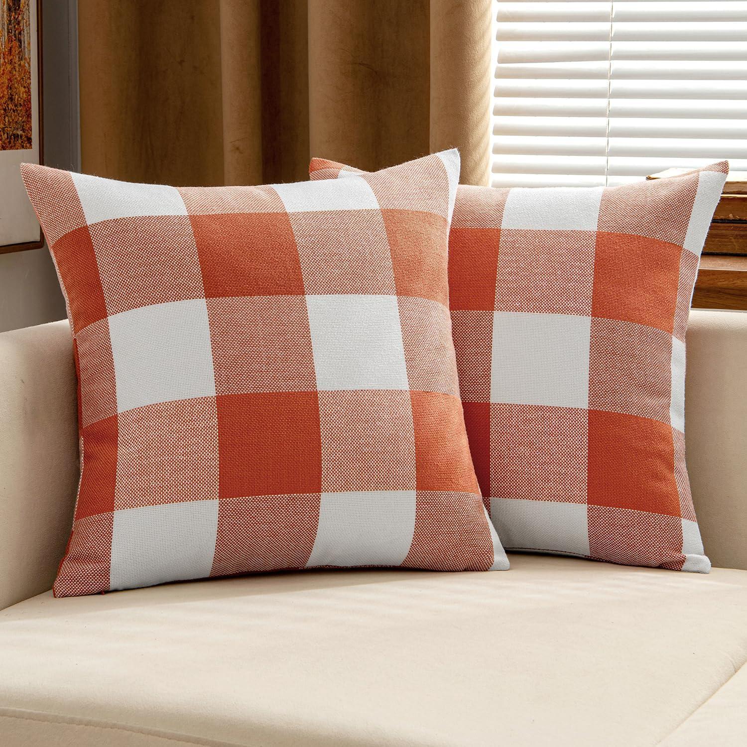 imageMIULEE Pack of 2 Christmas Classic Farmhouse Buffalo Check Plaids Polyester Linen Soft Soild Decorative Porch Throw Pillow Covers Home Decor Cushion Case for Sofa Bedroom 18x18 Inch Black and RedBurnt Orange