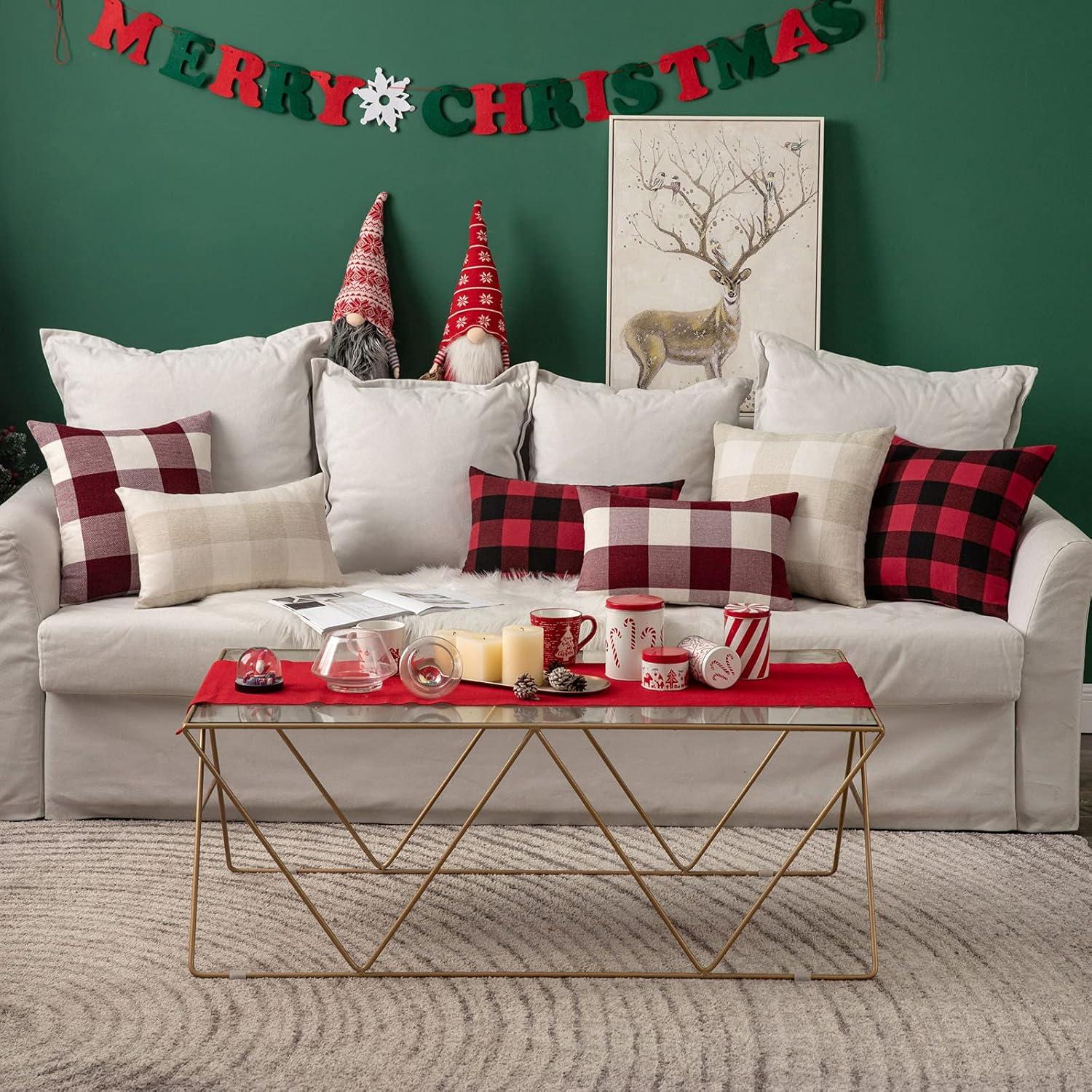 imageMIULEE Pack of 2 Christmas Classic Farmhouse Buffalo Check Plaids Polyester Linen Soft Soild Decorative Porch Throw Pillow Covers Home Decor Cushion Case for Sofa Bedroom 18x18 Inch Black and RedBlack and Red