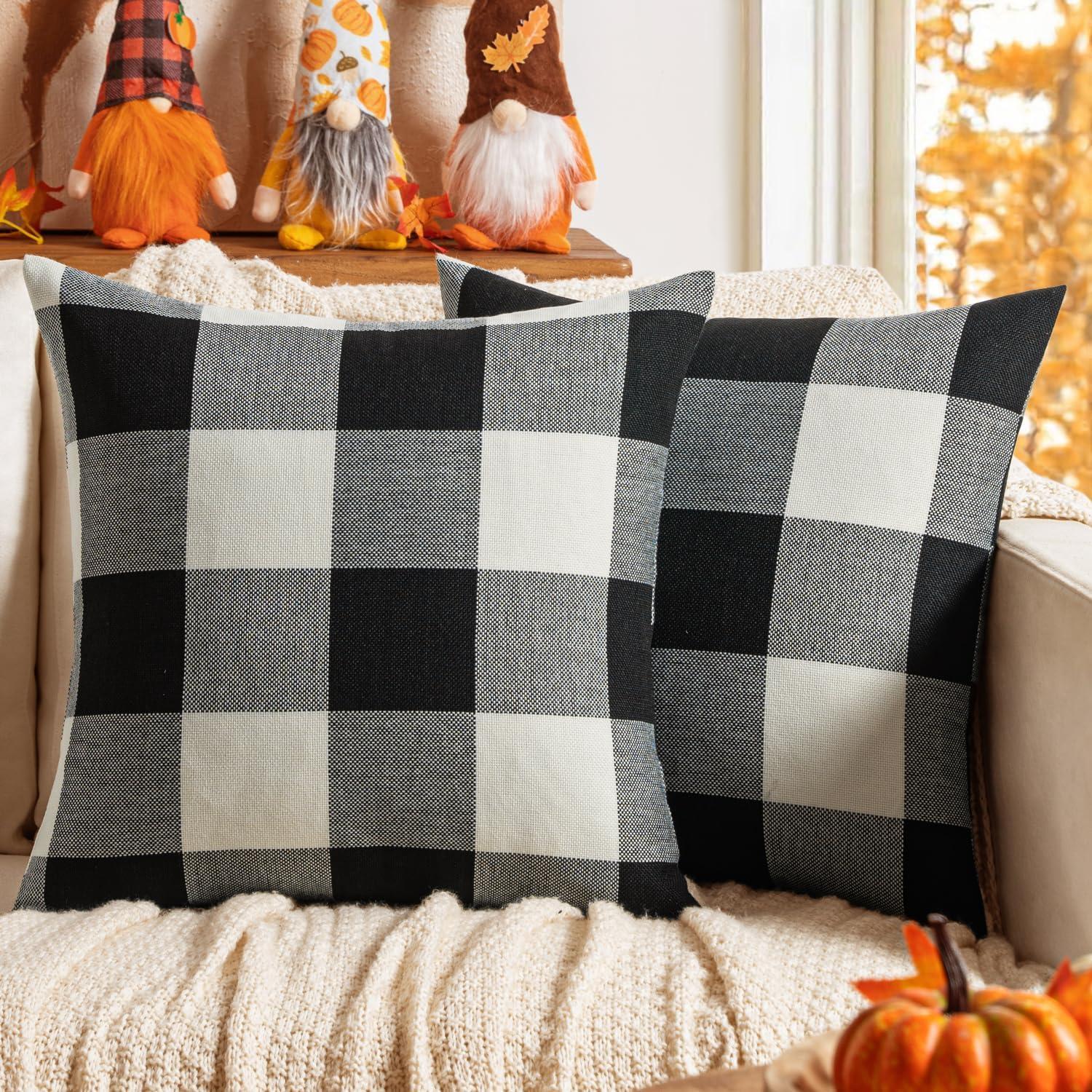imageMIULEE Pack of 2 Christmas Classic Farmhouse Buffalo Check Plaids Polyester Linen Soft Soild Decorative Porch Throw Pillow Covers Home Decor Cushion Case for Sofa Bedroom 18x18 Inch Black and RedBlack and White