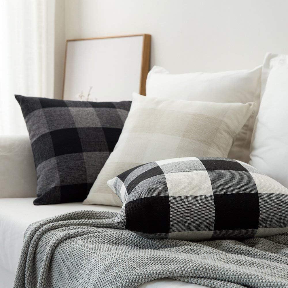 imageMIULEE Pack of 2 Christmas Classic Farmhouse Buffalo Check Plaids Polyester Linen Soft Soild Decorative Porch Throw Pillow Covers Home Decor Cushion Case for Sofa Bedroom 18x18 Inch Black and RedBlack and White