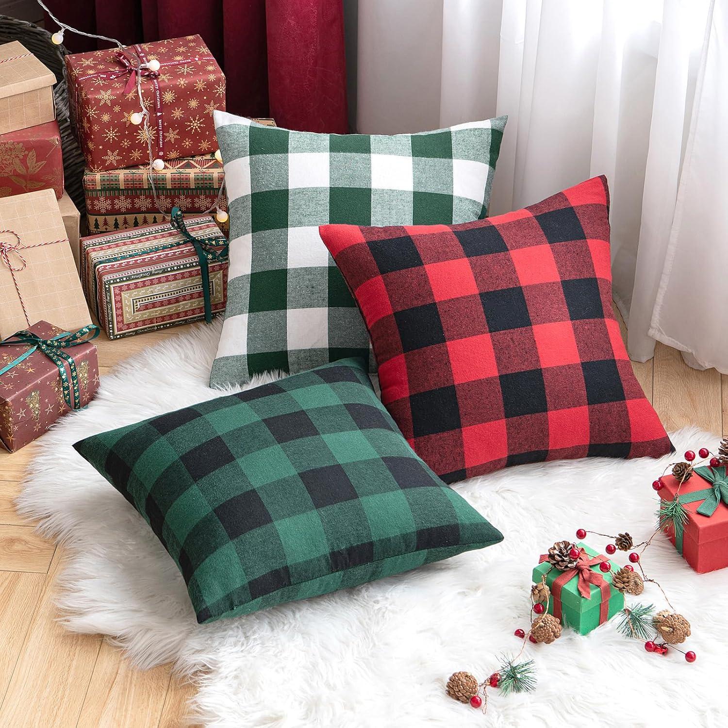 imageMIULEE Pack of 2 Christmas Classic Farmhouse Buffalo Check Plaids Polyester Linen Soft Soild Decorative Porch Throw Pillow Covers Home Decor Cushion Case for Sofa Bedroom 18x18 Inch Black and RedWhite and Green