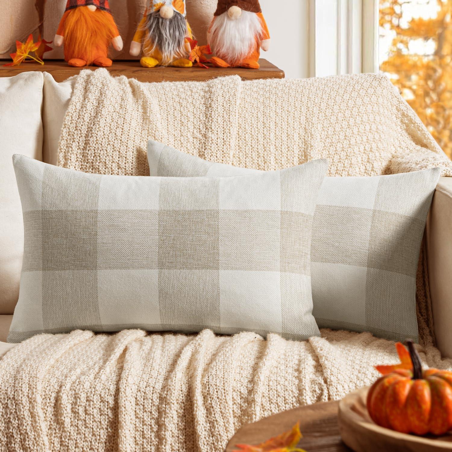imageMIULEE Pack of 2 Christmas Classic Farmhouse Buffalo Check Plaids Polyester Linen Soft Soild Decorative Porch Throw Pillow Covers Home Decor Cushion Case for Sofa Bedroom 18x18 Inch Black and RedCream White and White