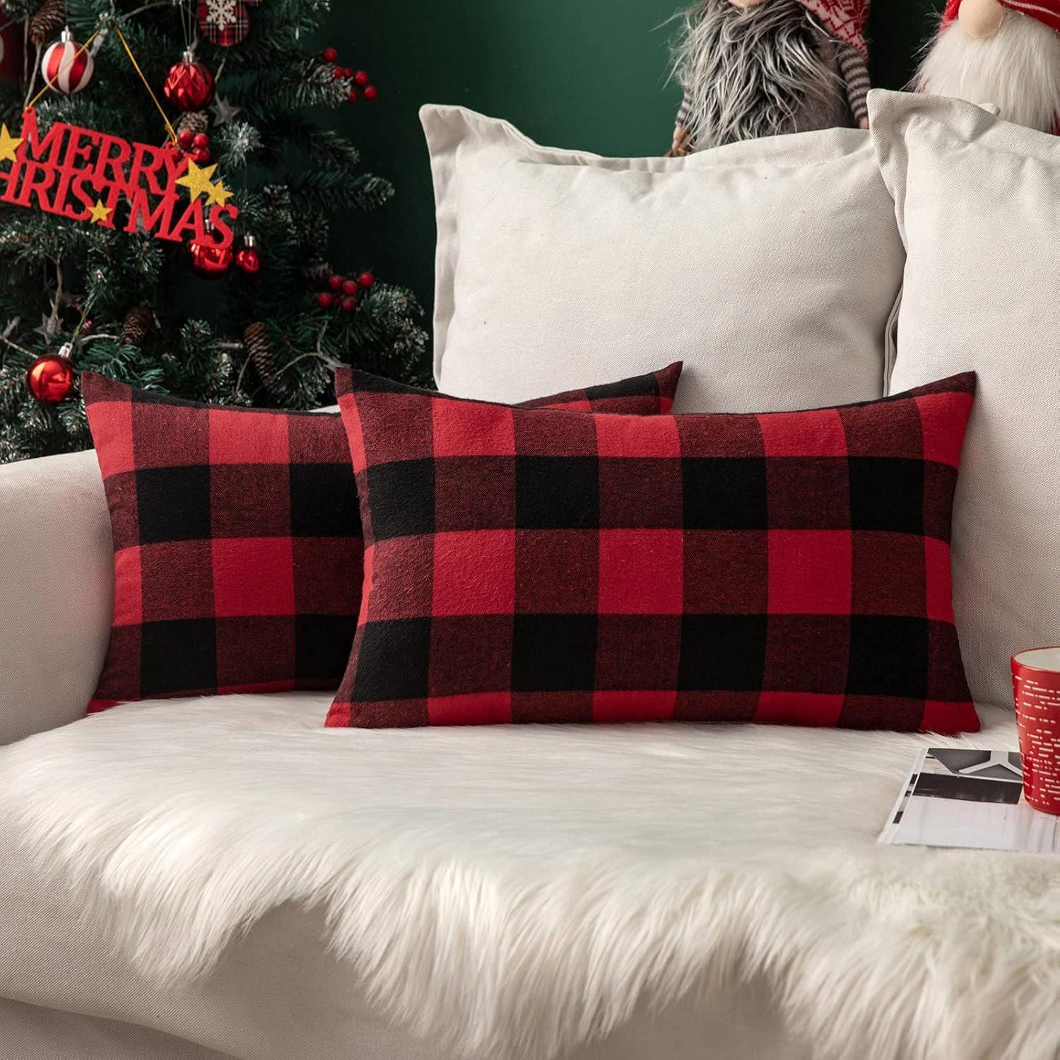 imageMIULEE Pack of 2 Christmas Classic Farmhouse Buffalo Check Plaids Polyester Linen Soft Soild Decorative Porch Throw Pillow Covers Home Decor Cushion Case for Sofa Bedroom 18x18 Inch Black and RedBlack and Red