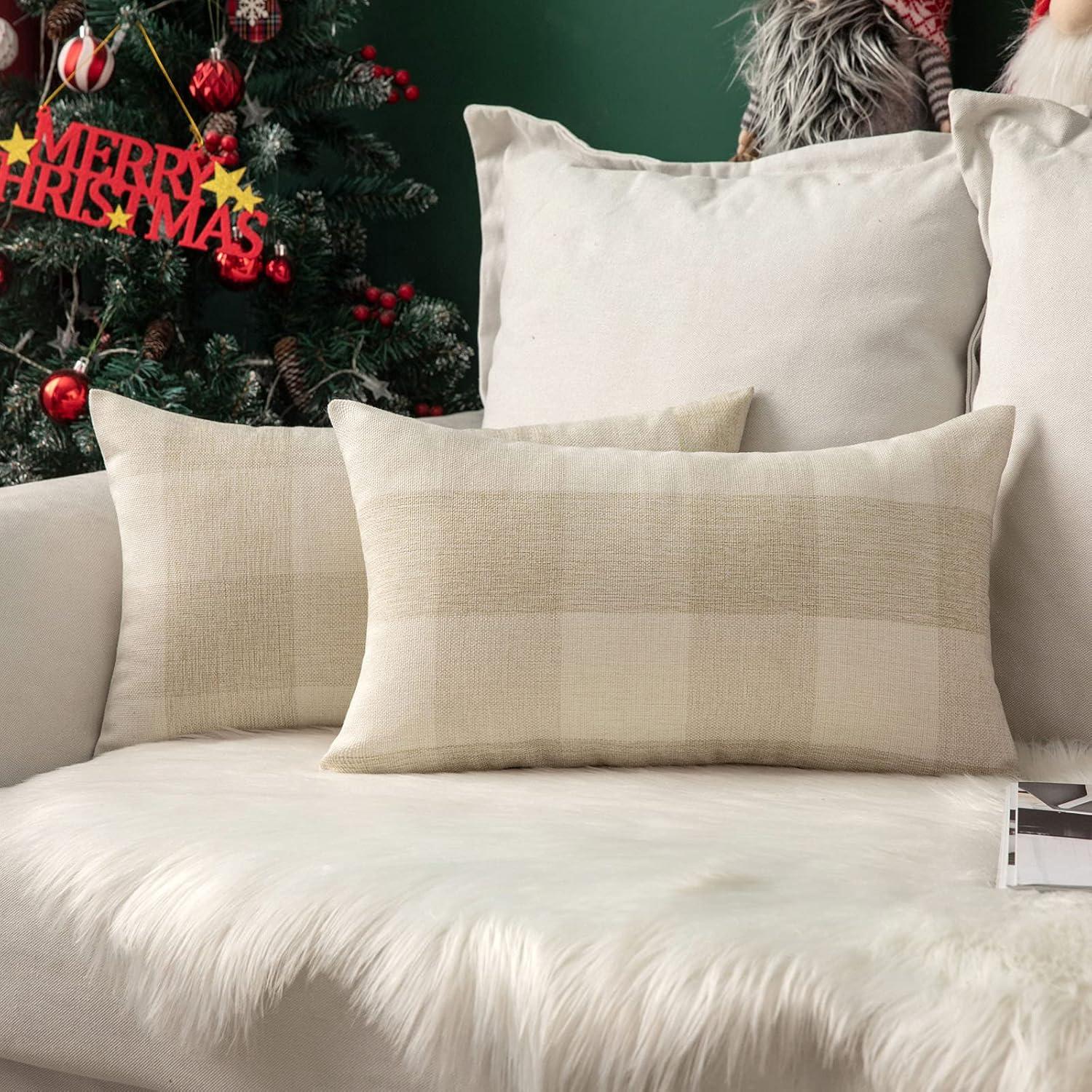 imageMIULEE Pack of 2 Christmas Classic Farmhouse Buffalo Check Plaids Polyester Linen Soft Soild Decorative Porch Throw Pillow Covers Home Decor Cushion Case for Sofa Bedroom 18x18 Inch Black and RedCream White and White