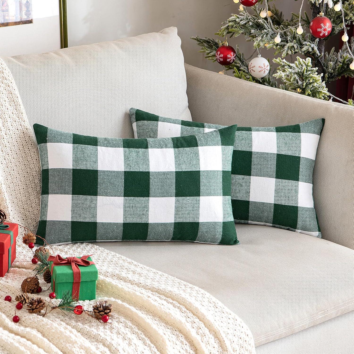 imageMIULEE Pack of 2 Christmas Classic Farmhouse Buffalo Check Plaids Polyester Linen Soft Soild Decorative Porch Throw Pillow Covers Home Decor Cushion Case for Sofa Bedroom 18x18 Inch Black and RedWhite and Green