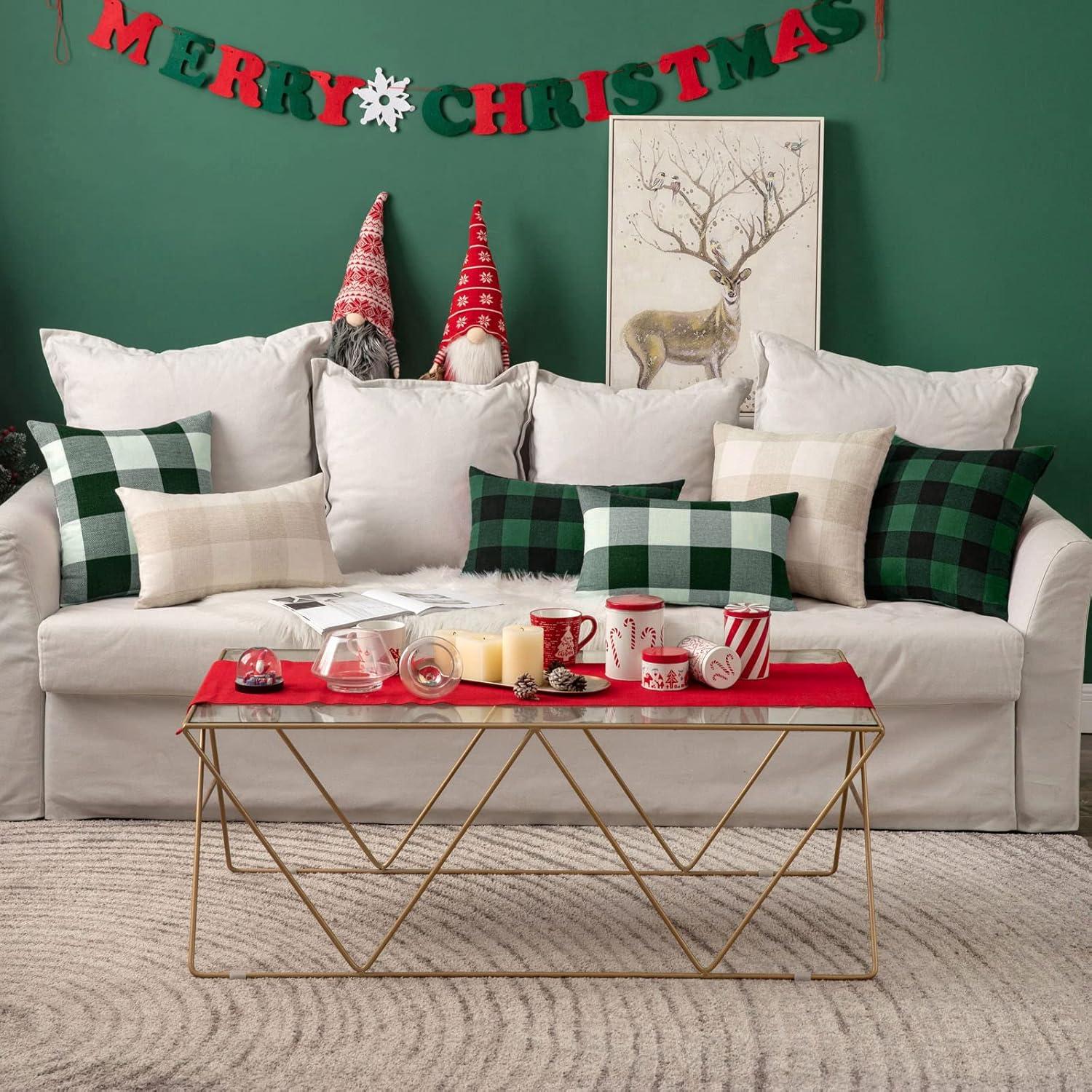 imageMIULEE Pack of 2 Christmas Classic Farmhouse Buffalo Check Plaids Polyester Linen Soft Soild Decorative Porch Throw Pillow Covers Home Decor Cushion Case for Sofa Bedroom 18x18 Inch Black and RedWhite and Green