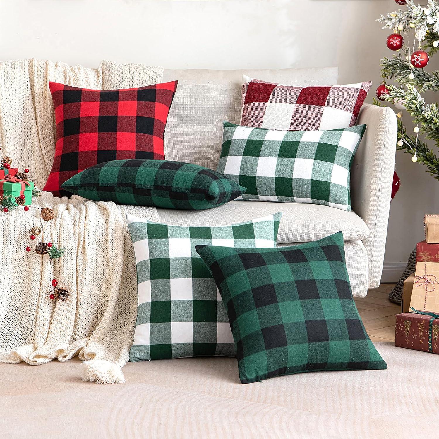 imageMIULEE Pack of 2 Christmas Classic Farmhouse Buffalo Check Plaids Polyester Linen Soft Soild Decorative Porch Throw Pillow Covers Home Decor Cushion Case for Sofa Bedroom 18x18 Inch Black and RedWhite and Green