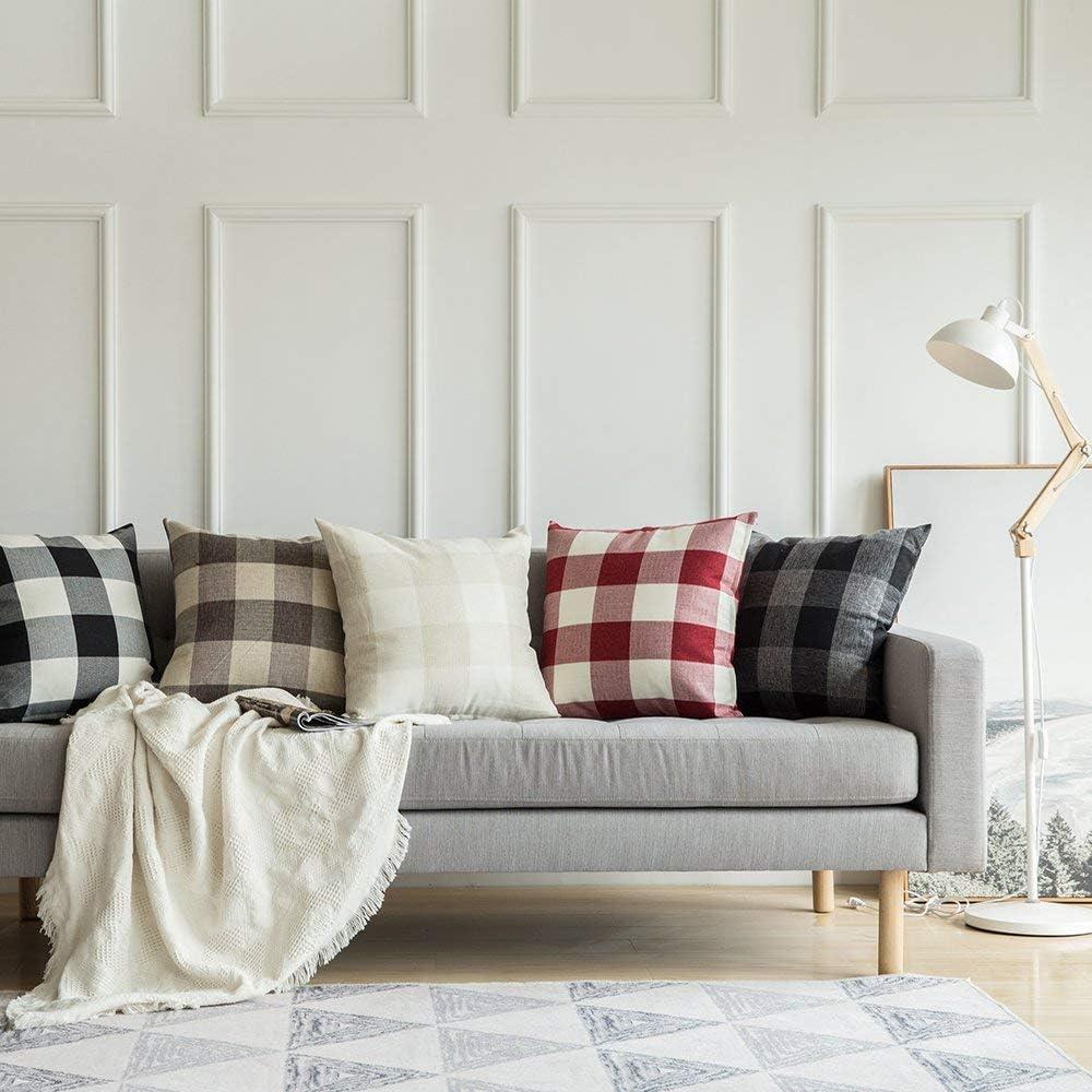 imageMIULEE Pack of 2 Christmas Classic Farmhouse Buffalo Check Plaids Polyester Linen Soft Soild Decorative Porch Throw Pillow Covers Home Decor Cushion Case for Sofa Bedroom 18x18 Inch Black and RedCream White and White
