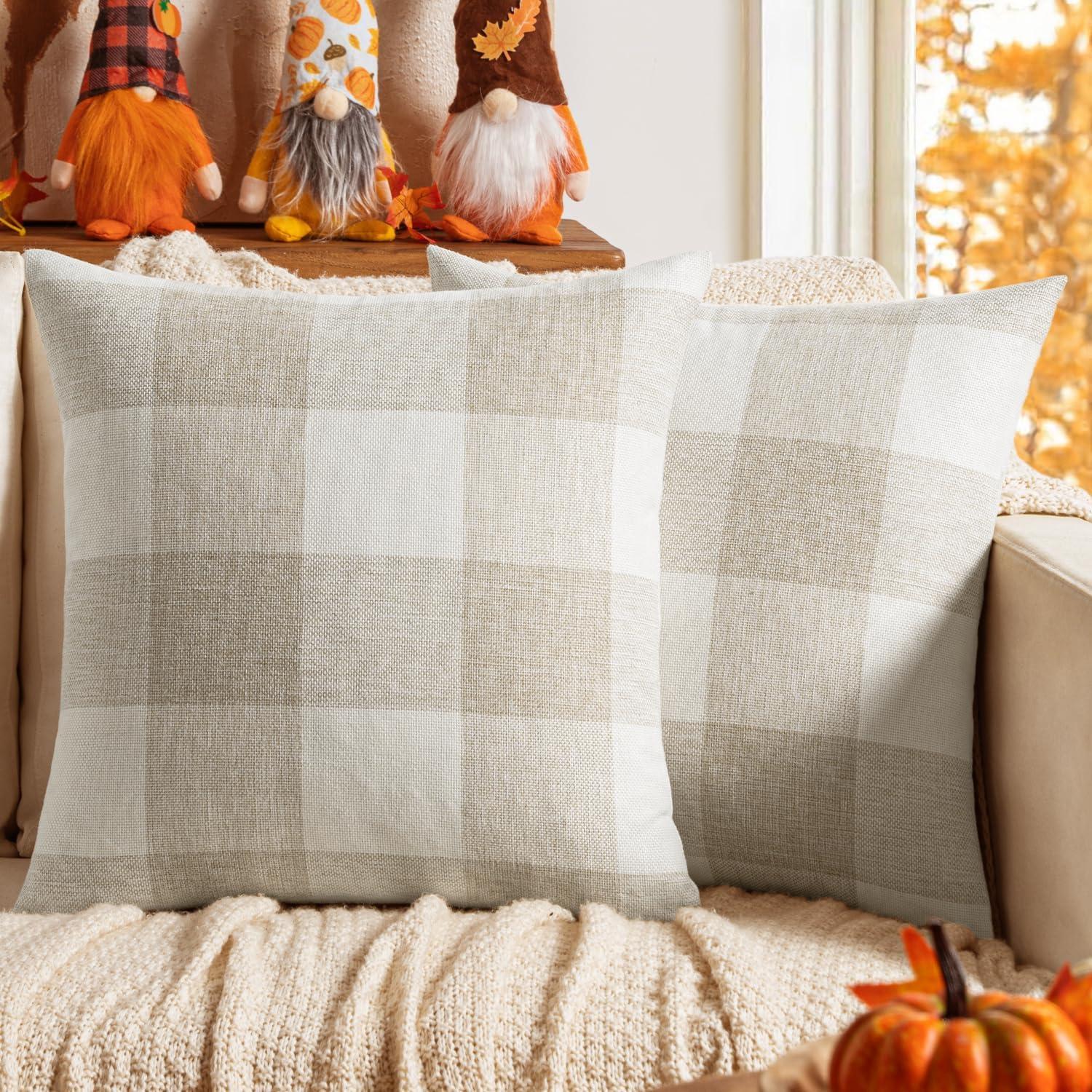 imageMIULEE Pack of 2 Christmas Classic Farmhouse Buffalo Check Plaids Polyester Linen Soft Soild Decorative Porch Throw Pillow Covers Home Decor Cushion Case for Sofa Bedroom 18x18 Inch Black and RedCream White and White