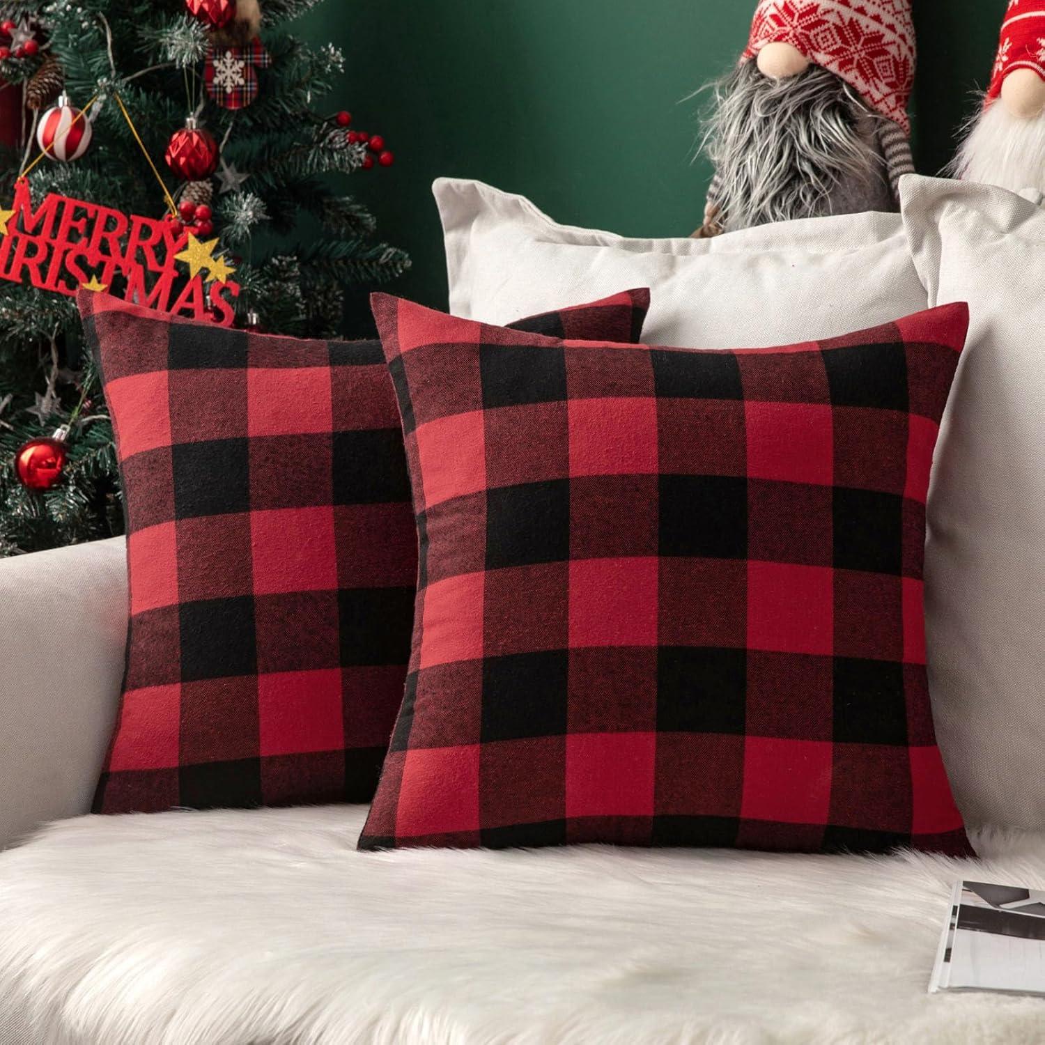 imageMIULEE Pack of 2 Christmas Classic Farmhouse Buffalo Check Plaids Polyester Linen Soft Soild Decorative Porch Throw Pillow Covers Home Decor Cushion Case for Sofa Bedroom 18x18 Inch Black and RedBlack and Red