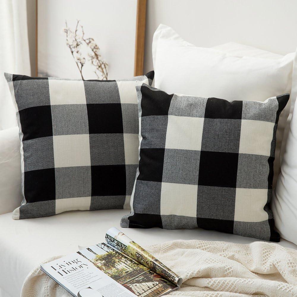 imageMIULEE Pack of 2 Christmas Classic Farmhouse Buffalo Check Plaids Polyester Linen Soft Soild Decorative Porch Throw Pillow Covers Home Decor Cushion Case for Sofa Bedroom 18x18 Inch Black and RedBlack and White