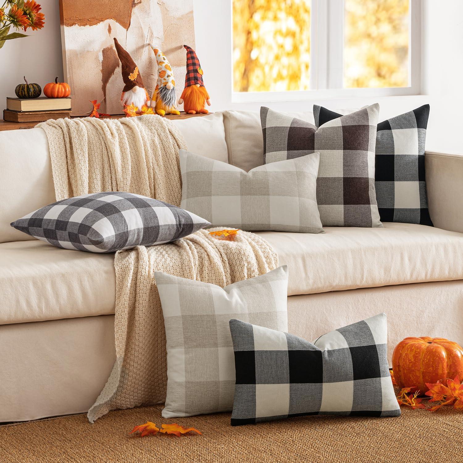 imageMIULEE Pack of 2 Christmas Classic Farmhouse Buffalo Check Plaids Polyester Linen Soft Soild Decorative Porch Throw Pillow Covers Home Decor Cushion Case for Sofa Bedroom 18x18 Inch Black and RedCream White and White