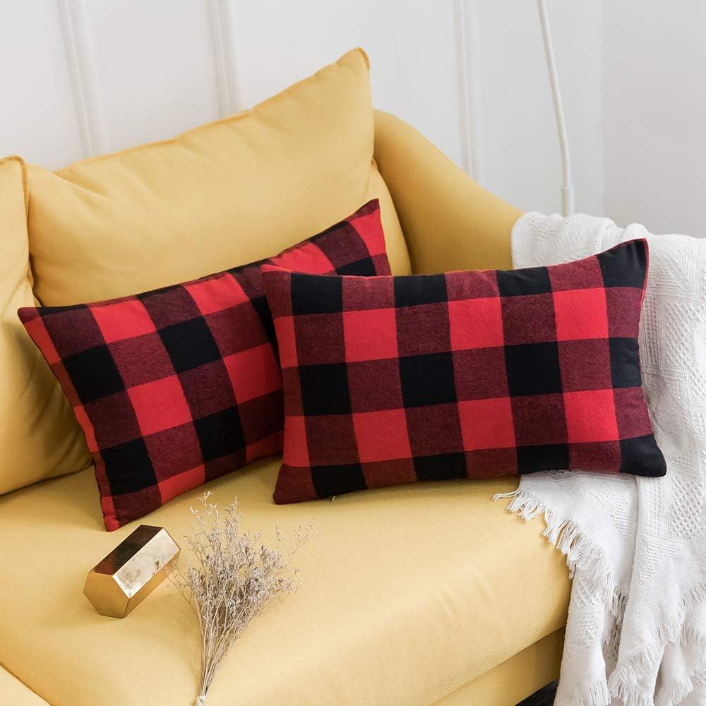 imageMIULEE Pack of 2 Christmas Classic Farmhouse Buffalo Check Plaids Polyester Linen Soft Soild Decorative Porch Throw Pillow Covers Home Decor Cushion Case for Sofa Bedroom 18x18 Inch Black and RedBlack and Red