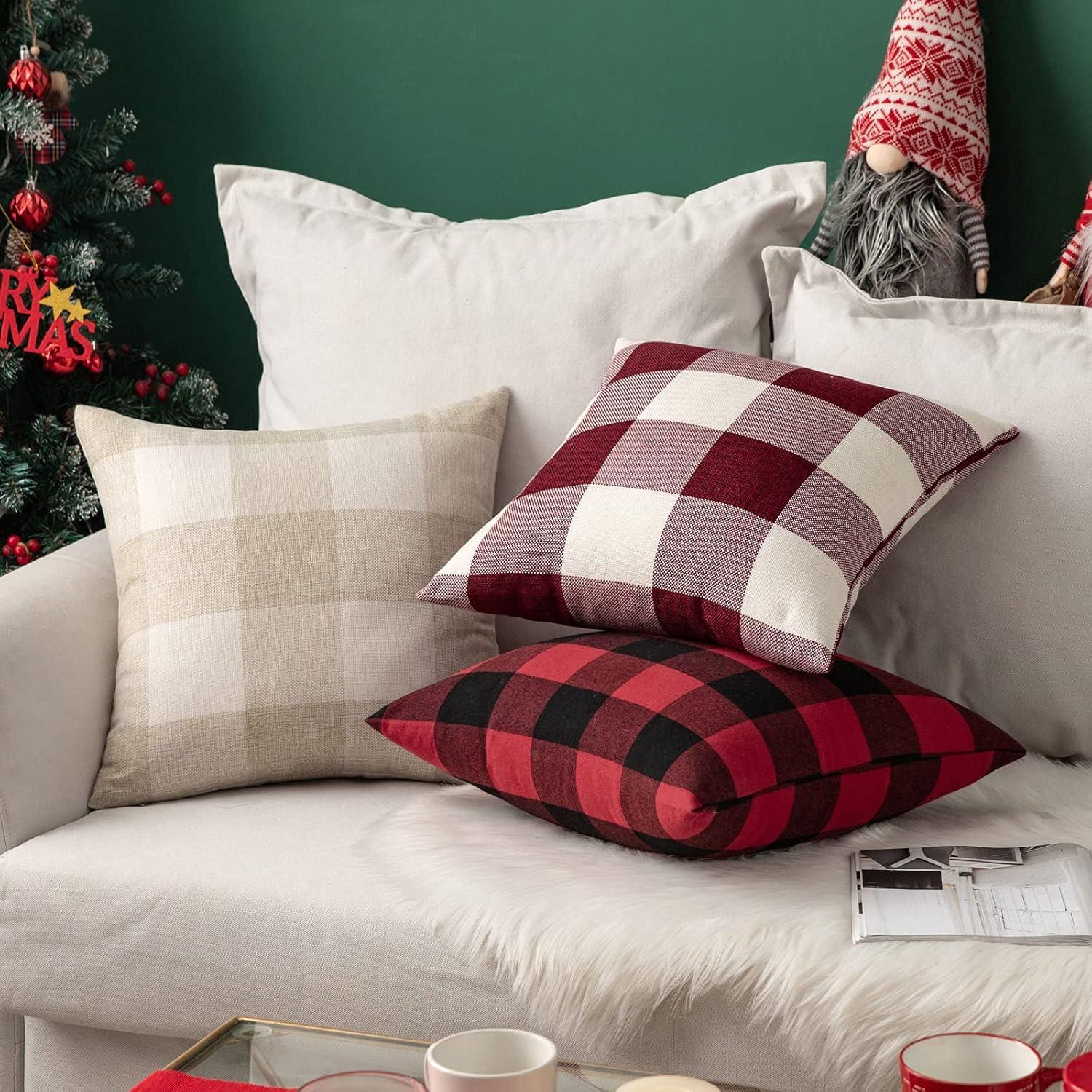 imageMIULEE Pack of 2 Christmas Classic Farmhouse Buffalo Check Plaids Polyester Linen Soft Soild Decorative Porch Throw Pillow Covers Home Decor Cushion Case for Sofa Bedroom 18x18 Inch Black and RedBlack and Red
