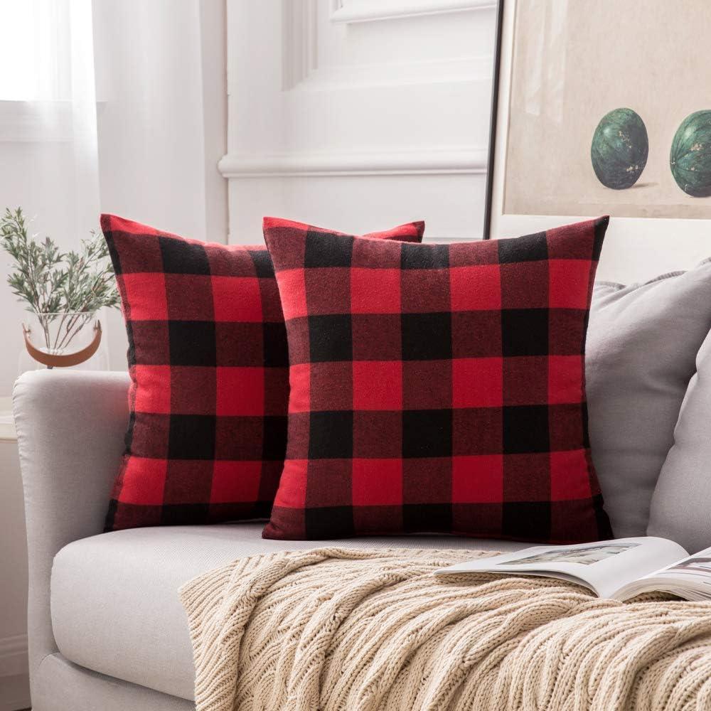 imageMIULEE Pack of 2 Christmas Classic Farmhouse Buffalo Check Plaids Polyester Linen Soft Soild Decorative Porch Throw Pillow Covers Home Decor Cushion Case for Sofa Bedroom 18x18 Inch Black and RedBlack and Red