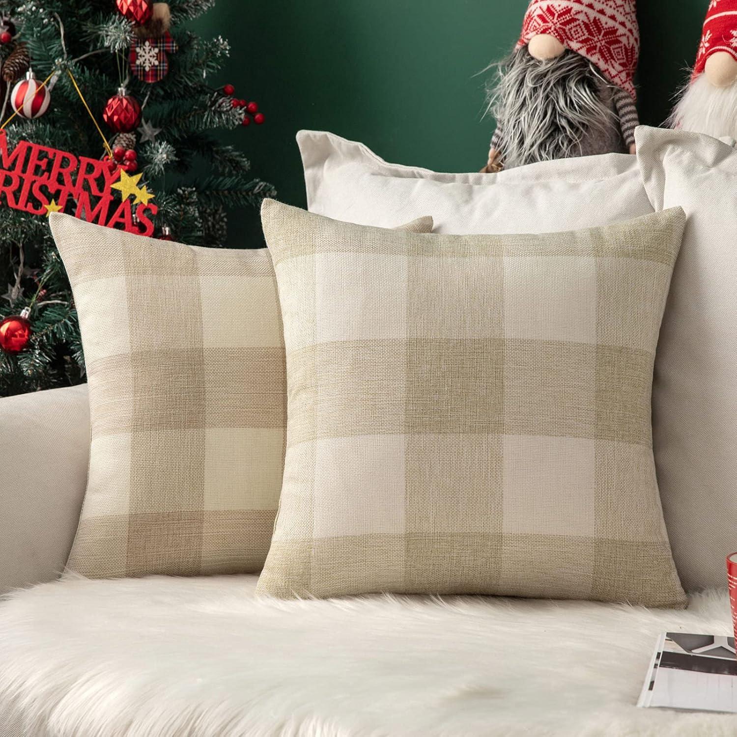 imageMIULEE Pack of 2 Christmas Classic Farmhouse Buffalo Check Plaids Polyester Linen Soft Soild Decorative Porch Throw Pillow Covers Home Decor Cushion Case for Sofa Bedroom 18x18 Inch Black and RedCream White and White