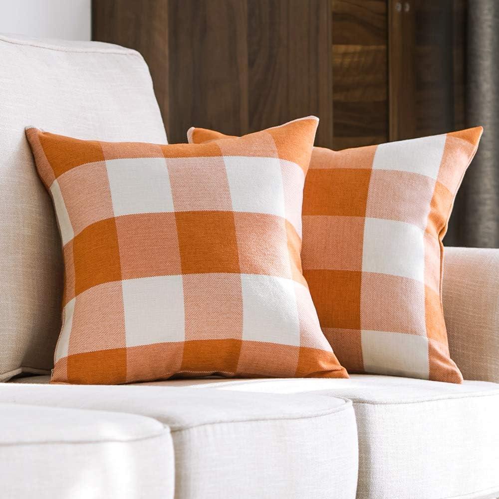 imageMIULEE Pack of 2 Christmas Classic Farmhouse Buffalo Check Plaids Polyester Linen Soft Soild Decorative Porch Throw Pillow Covers Home Decor Cushion Case for Sofa Bedroom 18x18 Inch Black and RedOrange and White