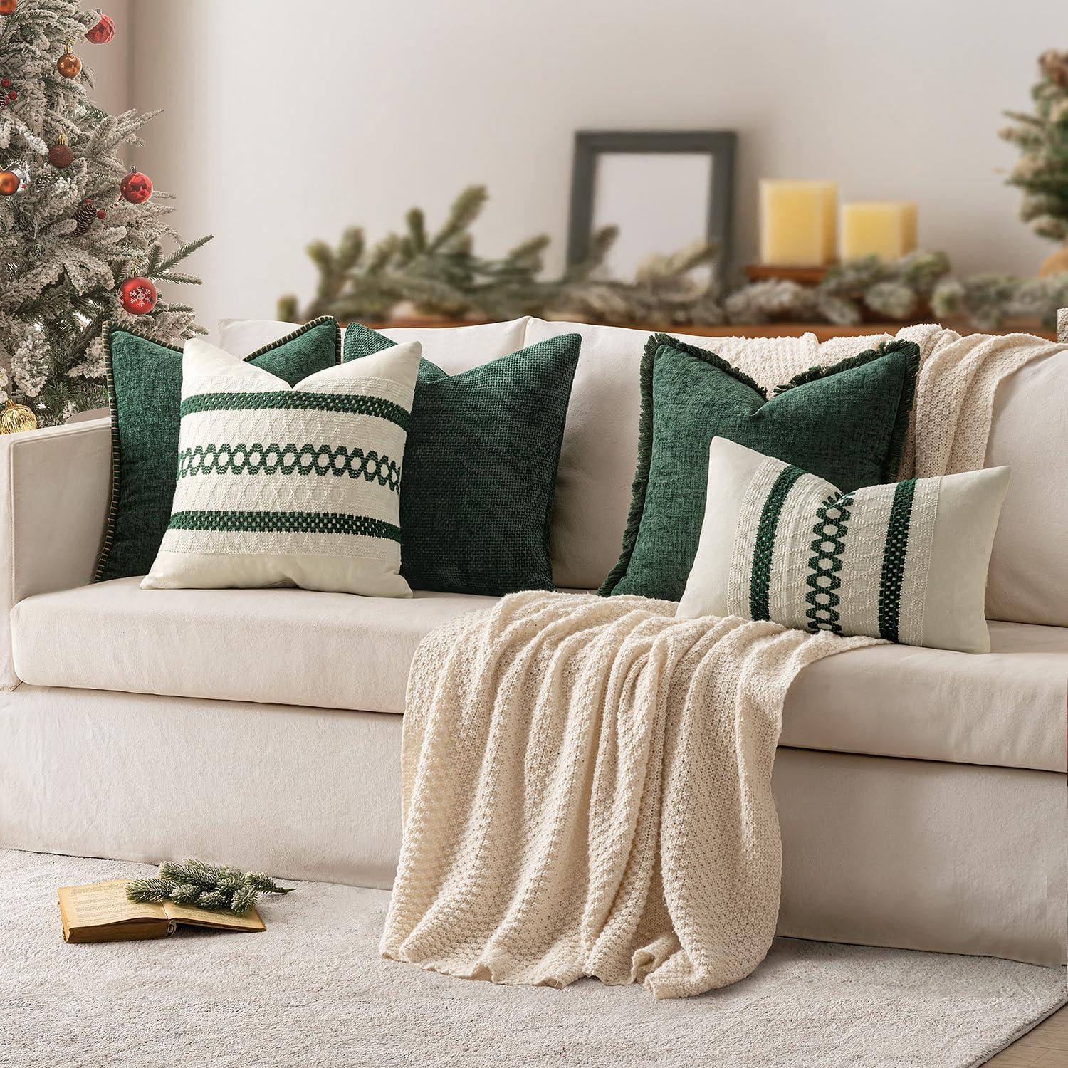 imageMIULEE Pack of 2 Christmas Couch Throw Pillow Covers 18x18 Inch Neutral Beige Modern Boho Accent Decorative Pillow Covers Soft Chenille Farmhouse Cushion Covers for Home Decor Bed Sofa Living RoomChristmas Green
