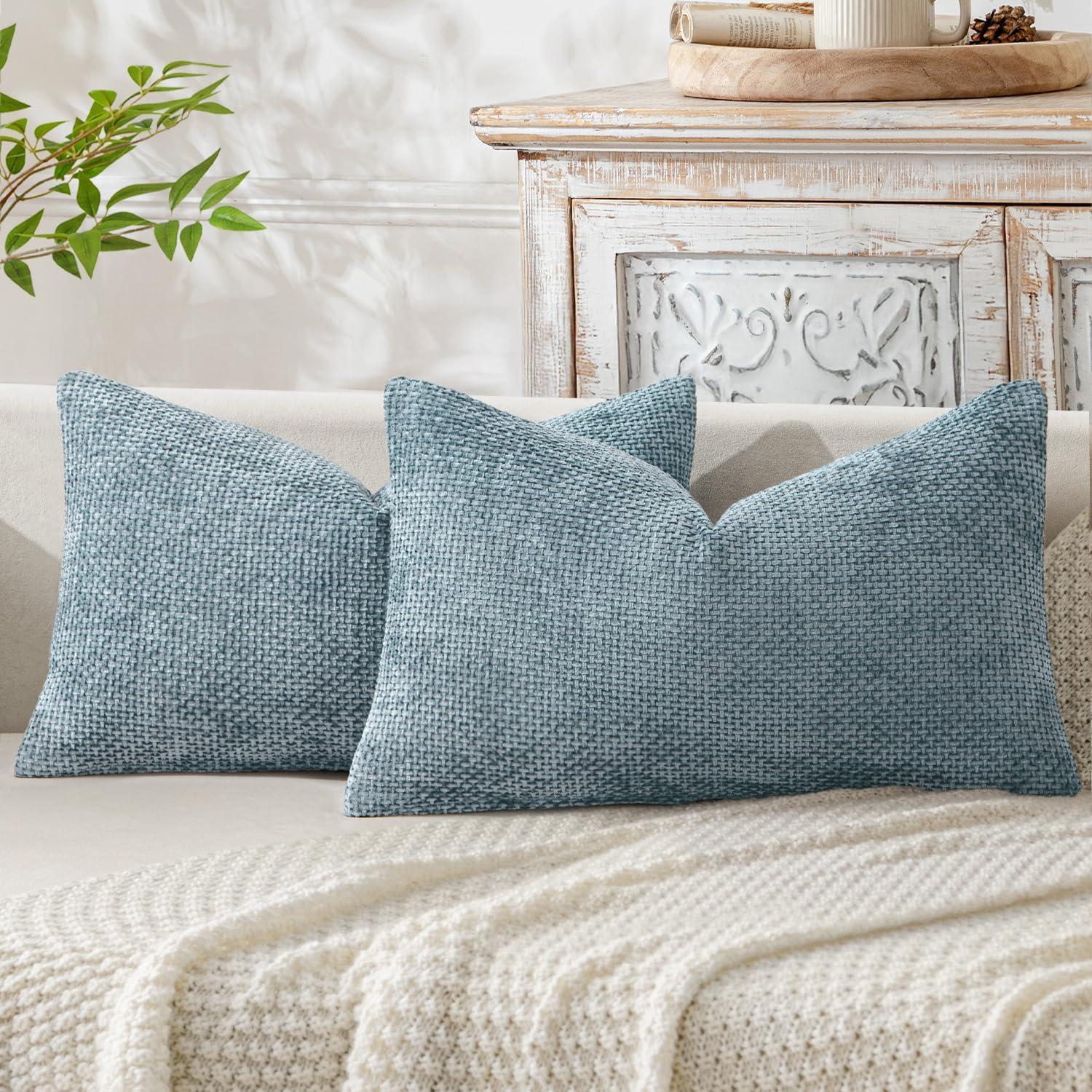 imageMIULEE Pack of 2 Christmas Couch Throw Pillow Covers 18x18 Inch Neutral Beige Modern Boho Accent Decorative Pillow Covers Soft Chenille Farmhouse Cushion Covers for Home Decor Bed Sofa Living RoomSmoke Blue