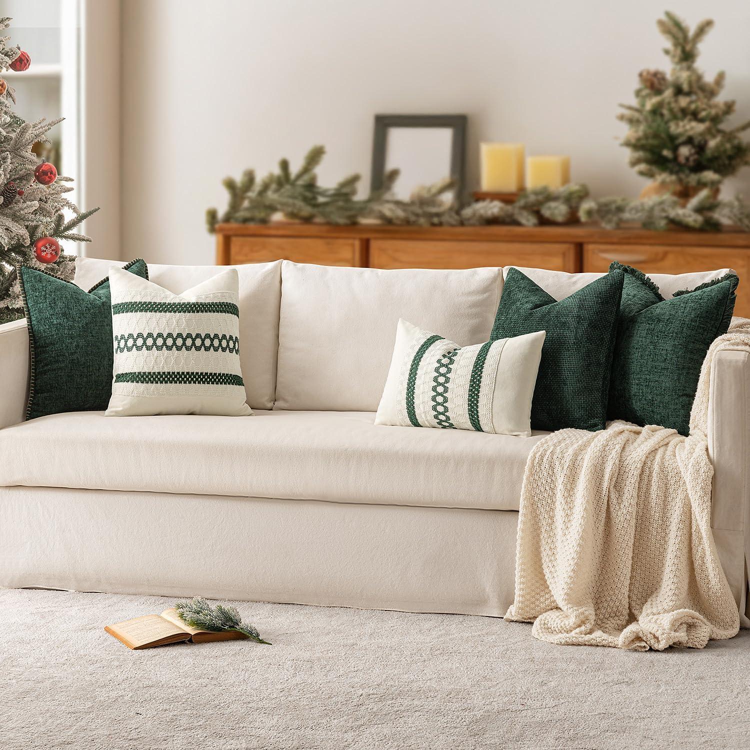 imageMIULEE Pack of 2 Christmas Couch Throw Pillow Covers 18x18 Inch Neutral Beige Modern Boho Accent Decorative Pillow Covers Soft Chenille Farmhouse Cushion Covers for Home Decor Bed Sofa Living RoomChristmas Green
