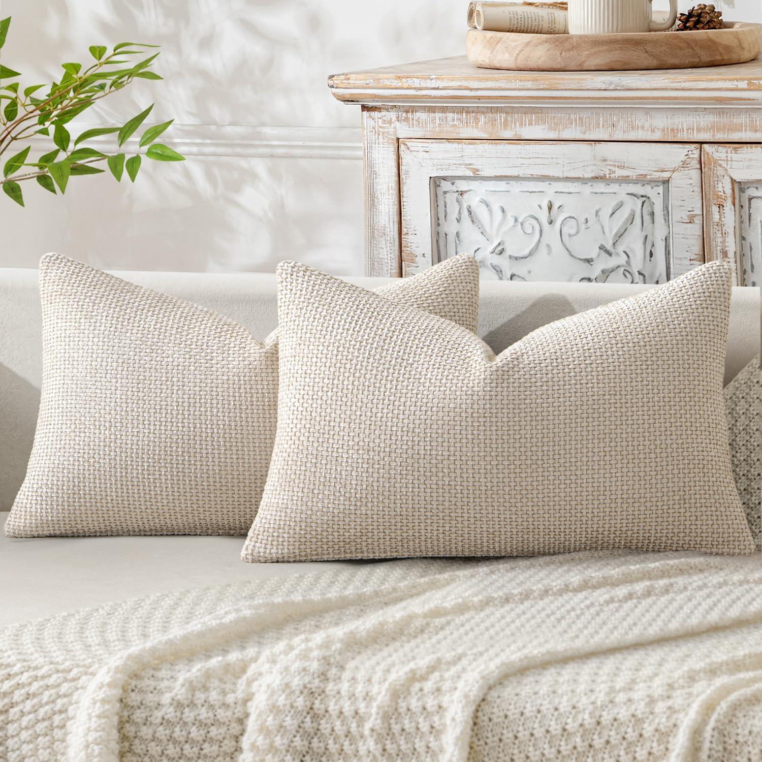 imageMIULEE Pack of 2 Christmas Couch Throw Pillow Covers 18x18 Inch Neutral Beige Modern Boho Accent Decorative Pillow Covers Soft Chenille Farmhouse Cushion Covers for Home Decor Bed Sofa Living RoomBeige