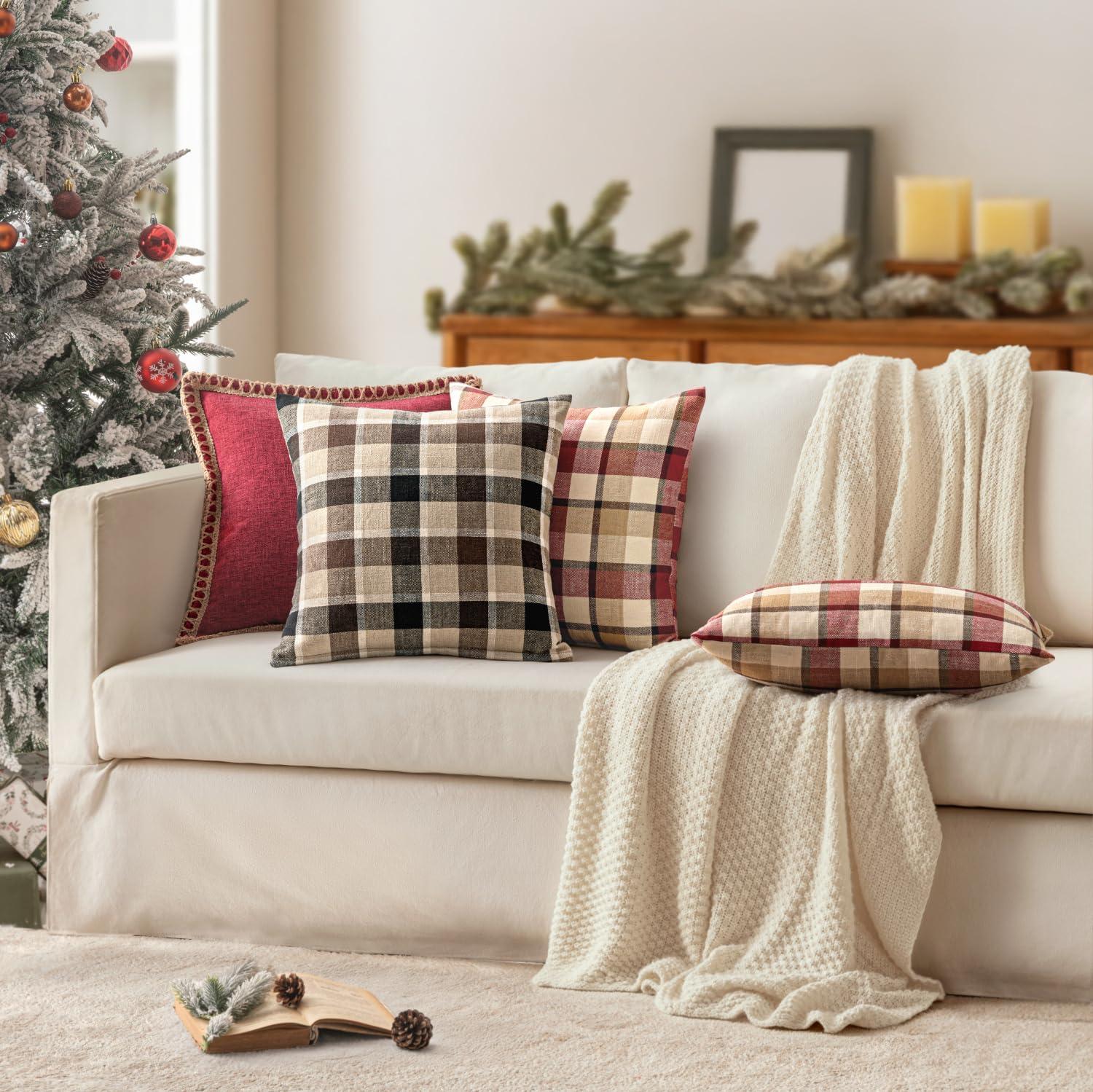 imageMIULEE Pack of 2 Christmas Decorative Pillow Covers Check Buffalo Plaids Pillowcase Tartan Linen Rustic Farmhouse Square for Bench Sofa Couch Car Bedroom Red and Tan 18x18 inchCoffee and Brown