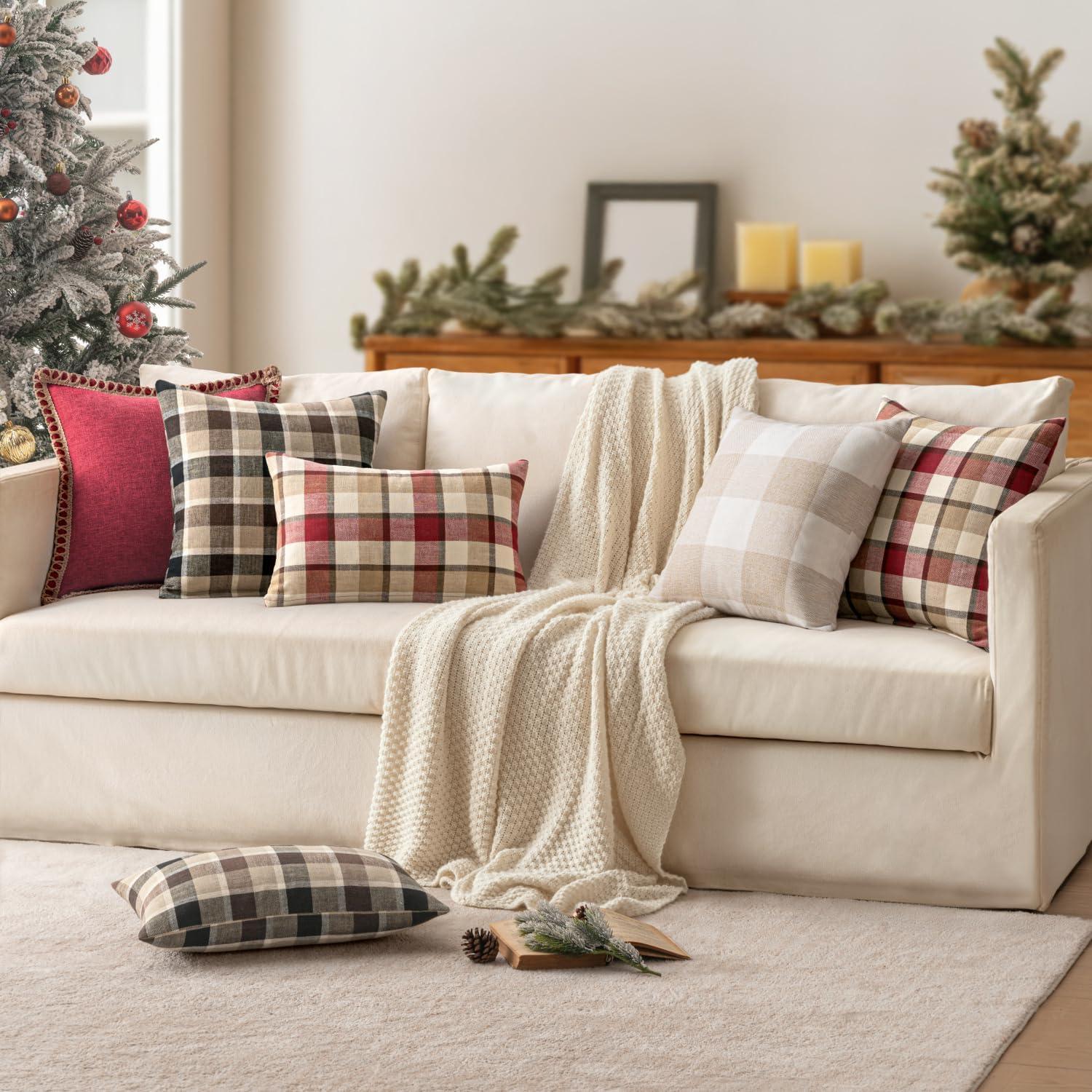 imageMIULEE Pack of 2 Christmas Decorative Pillow Covers Check Buffalo Plaids Pillowcase Tartan Linen Rustic Farmhouse Square for Bench Sofa Couch Car Bedroom Red and Tan 18x18 inchCoffee and Brown