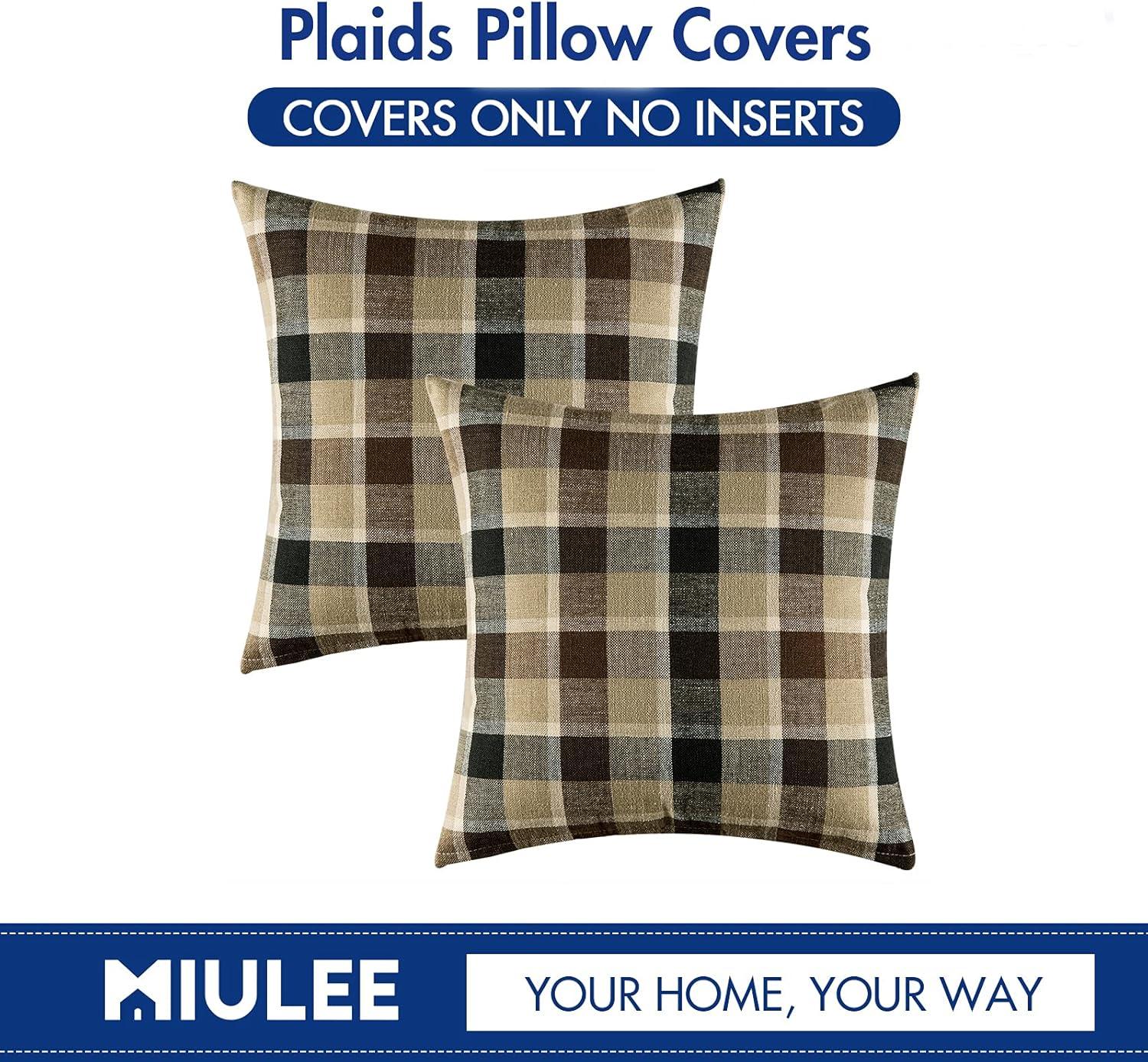imageMIULEE Pack of 2 Christmas Decorative Pillow Covers Check Buffalo Plaids Pillowcase Tartan Linen Rustic Farmhouse Square for Bench Sofa Couch Car Bedroom Red and Tan 18x18 inchCoffee and Brown