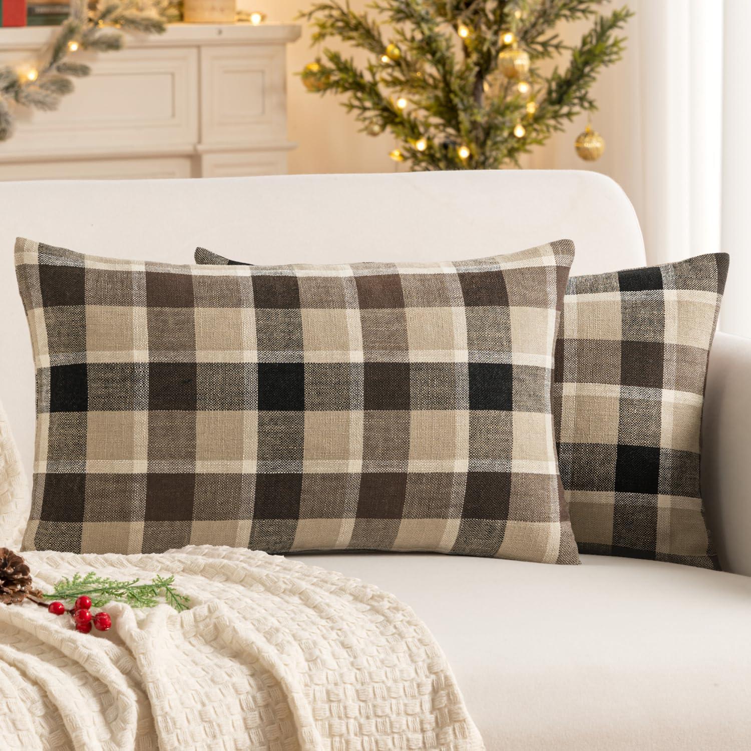 imageMIULEE Pack of 2 Christmas Decorative Pillow Covers Check Buffalo Plaids Pillowcase Tartan Linen Rustic Farmhouse Square for Bench Sofa Couch Car Bedroom Red and Tan 18x18 inchCoffee and Brown