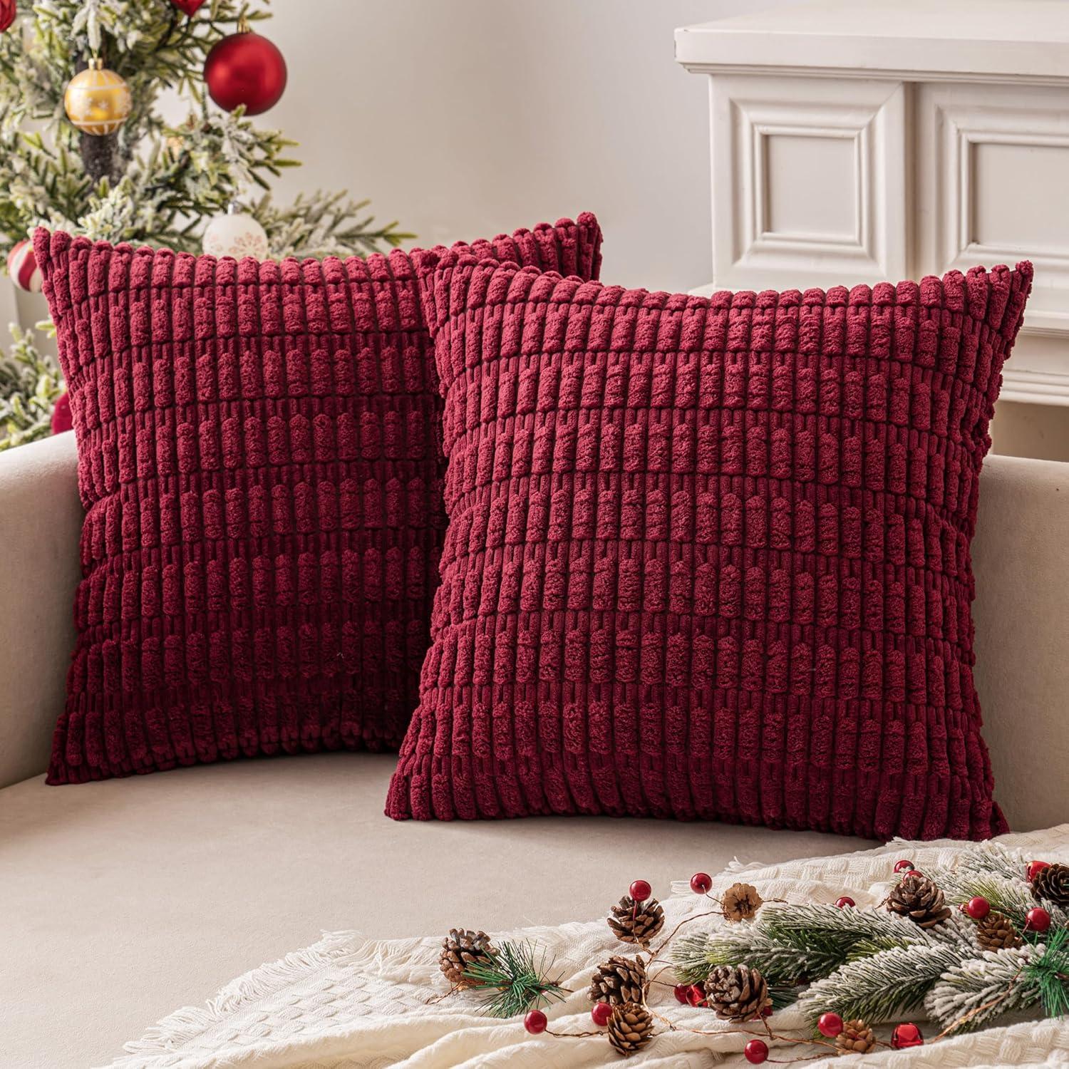imageMIULEE Pack of 2 Christmas Red Corduroy Decorative Pillow Covers 18x18 Inch Soft Boho Striped Throw Pillow Covers Modern Farmhouse Home Decor for Sofa Living Room Couch BedBurgundy