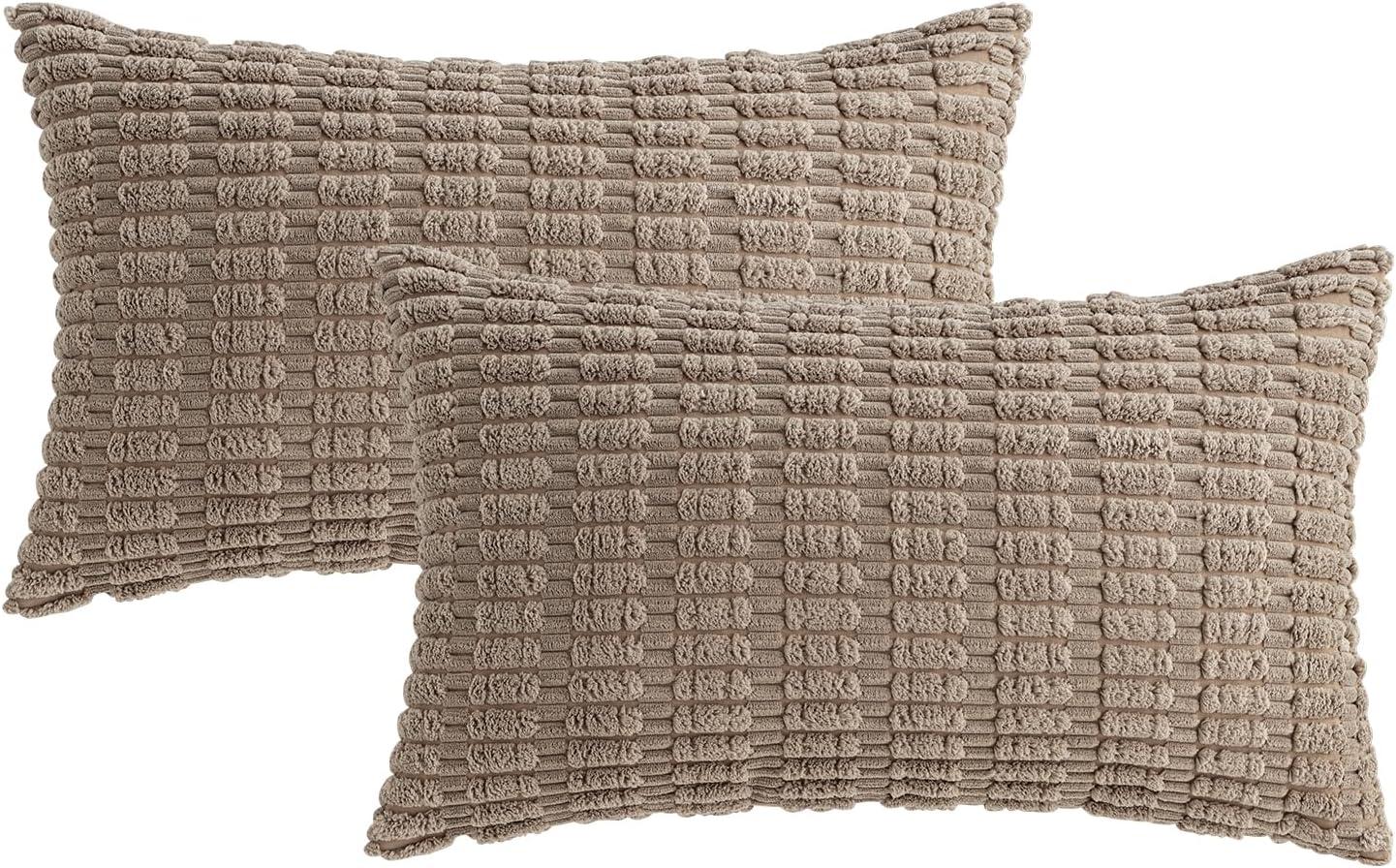 imageMIULEE Pack of 2 Christmas Red Corduroy Decorative Pillow Covers 18x18 Inch Soft Boho Striped Throw Pillow Covers Modern Farmhouse Home Decor for Sofa Living Room Couch BedLight Brown