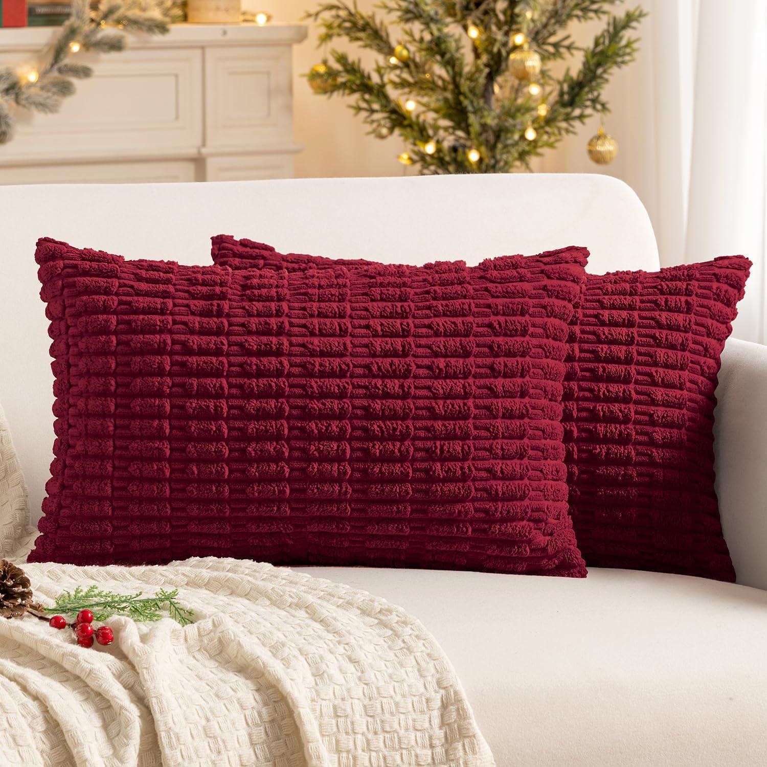 imageMIULEE Pack of 2 Christmas Red Corduroy Decorative Pillow Covers 18x18 Inch Soft Boho Striped Throw Pillow Covers Modern Farmhouse Home Decor for Sofa Living Room Couch BedBurgundy