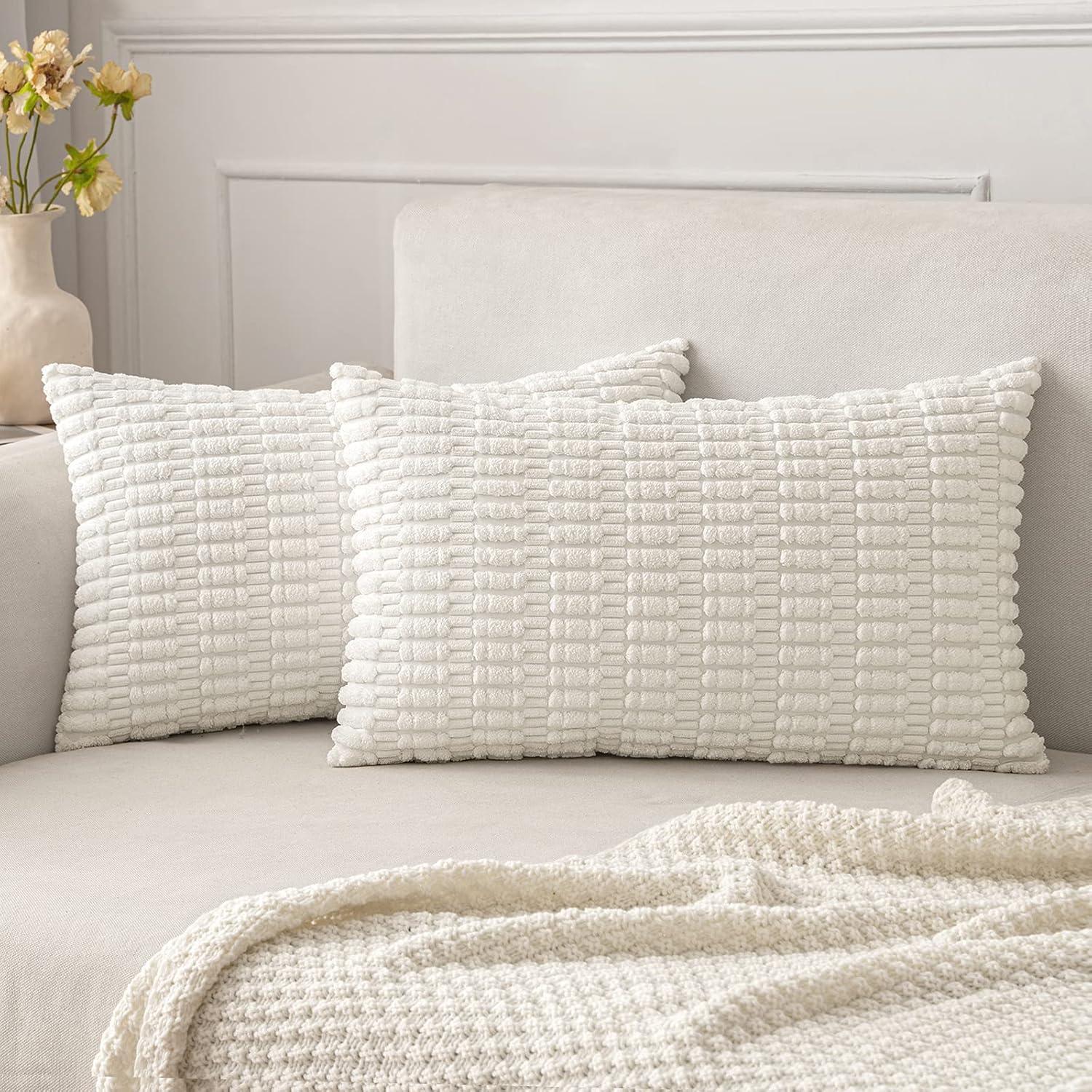 imageMIULEE Pack of 2 Christmas Red Corduroy Decorative Pillow Covers 18x18 Inch Soft Boho Striped Throw Pillow Covers Modern Farmhouse Home Decor for Sofa Living Room Couch BedPure White