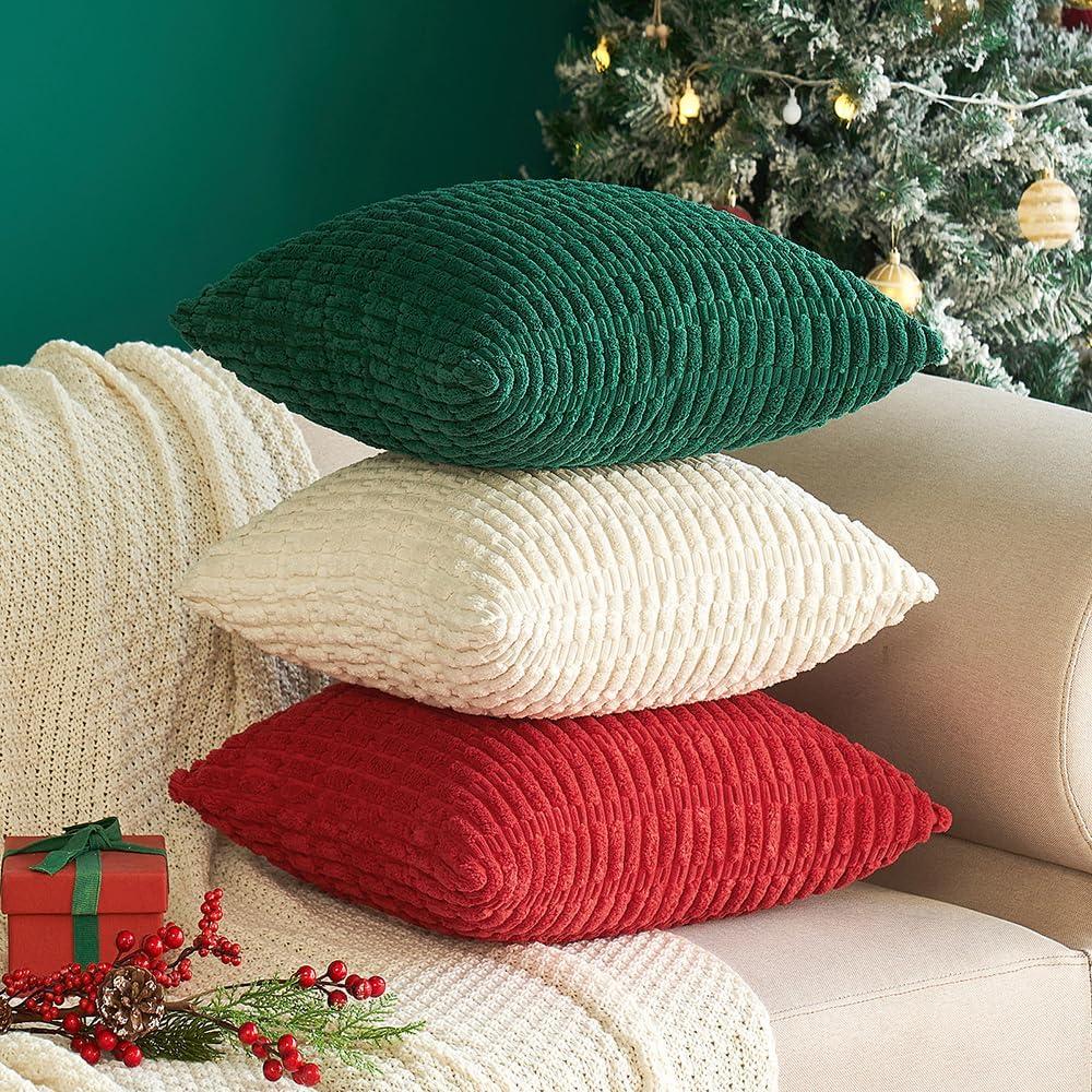 imageMIULEE Pack of 2 Christmas Red Corduroy Decorative Pillow Covers 18x18 Inch Soft Boho Striped Throw Pillow Covers Modern Farmhouse Home Decor for Sofa Living Room Couch BedRed