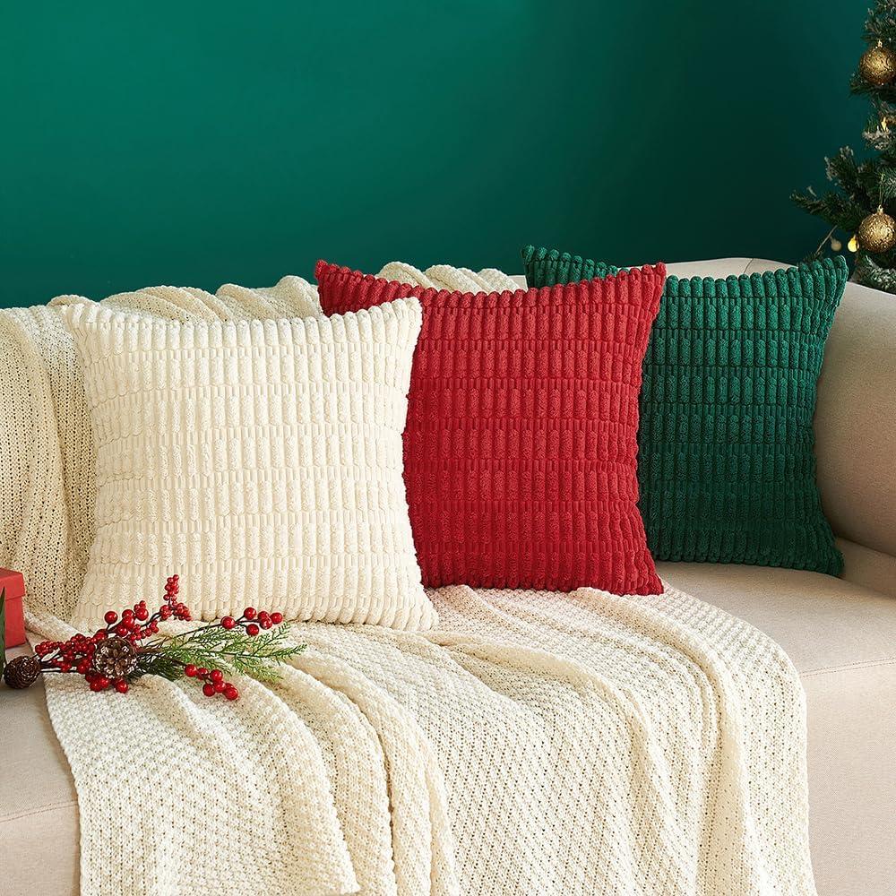 imageMIULEE Pack of 2 Christmas Red Corduroy Decorative Pillow Covers 18x18 Inch Soft Boho Striped Throw Pillow Covers Modern Farmhouse Home Decor for Sofa Living Room Couch BedRed