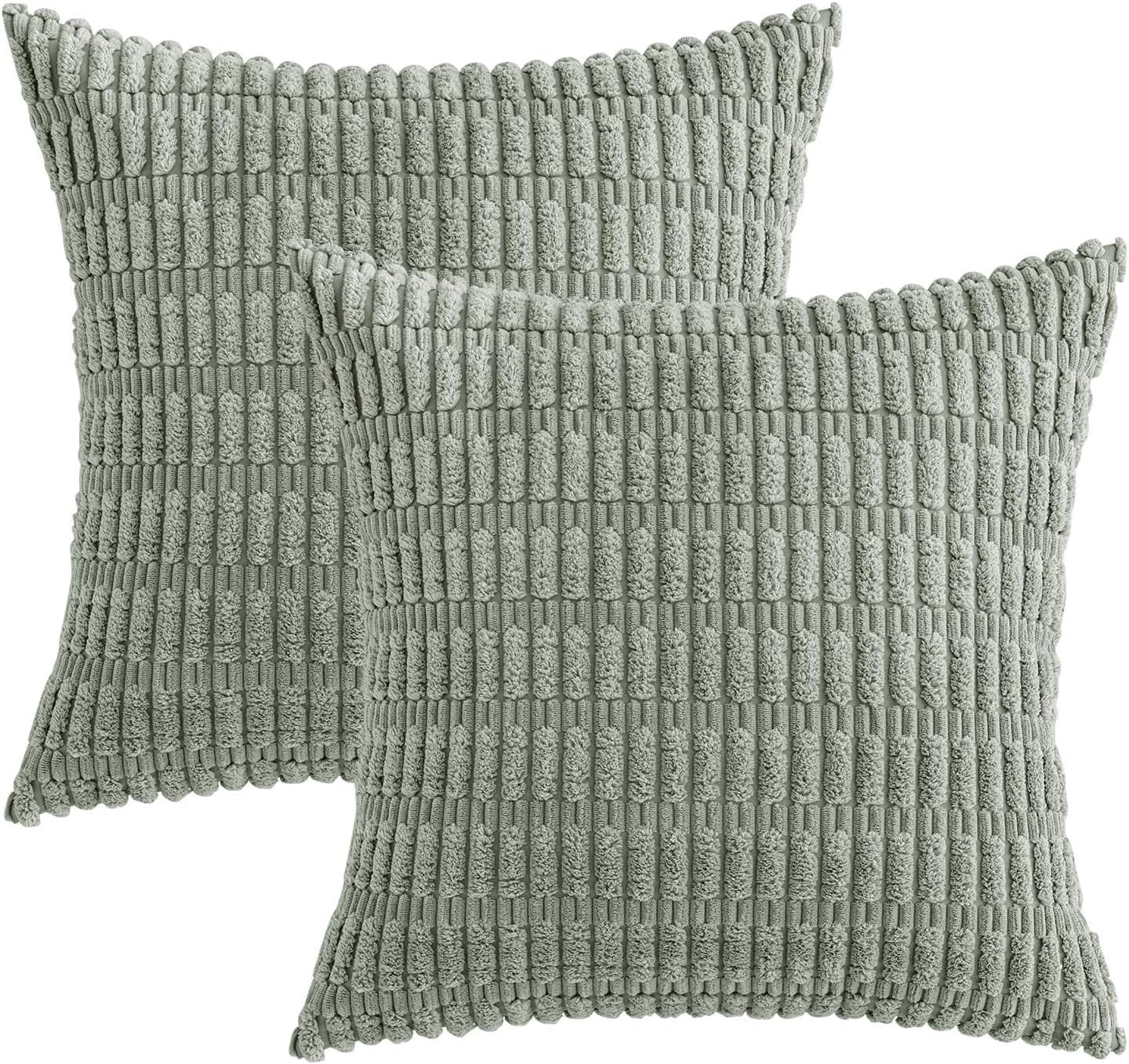 imageMIULEE Pack of 2 Christmas Red Corduroy Decorative Pillow Covers 18x18 Inch Soft Boho Striped Throw Pillow Covers Modern Farmhouse Home Decor for Sofa Living Room Couch BedGreyish Green
