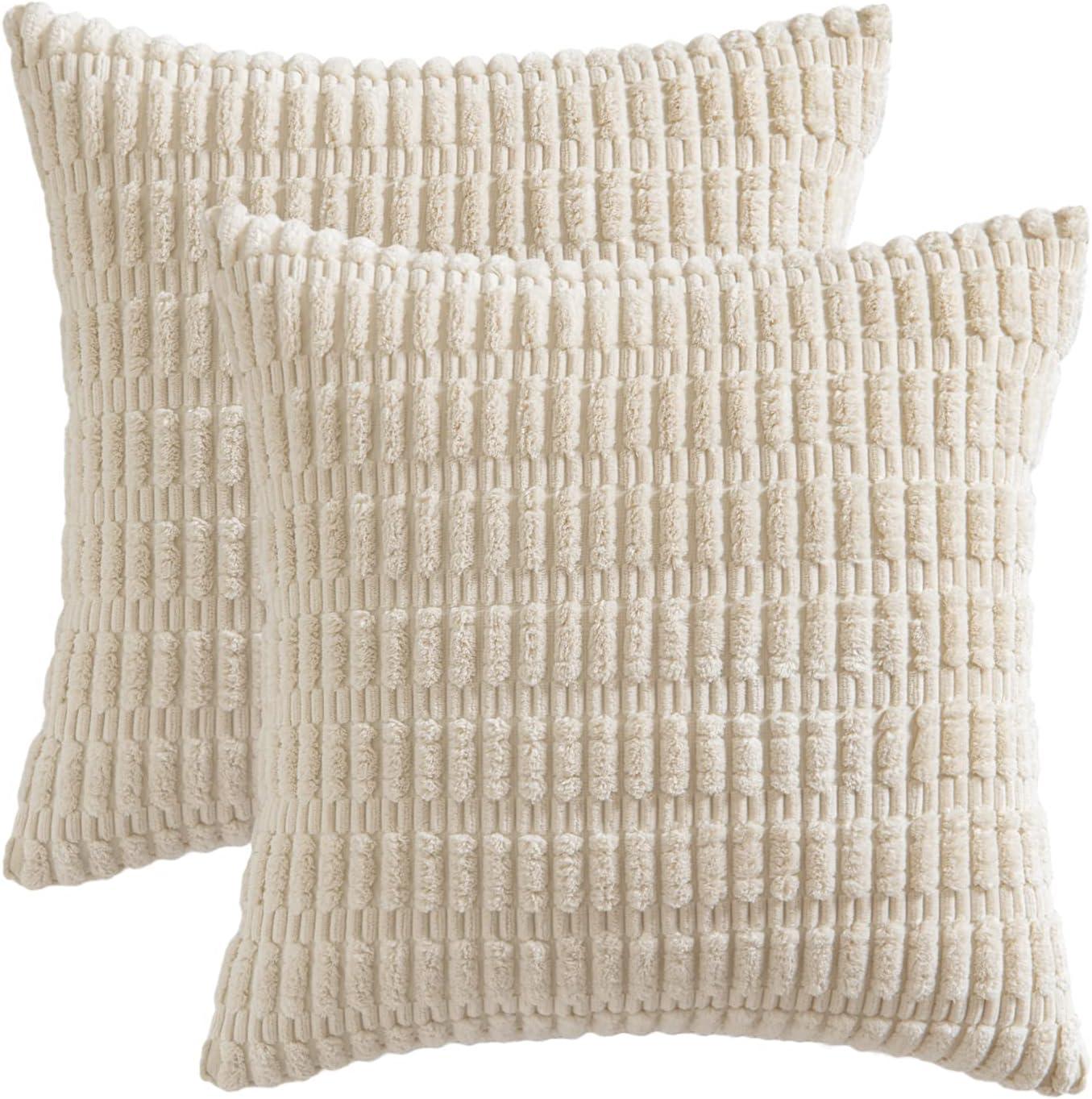 imageMIULEE Pack of 2 Christmas Red Corduroy Decorative Pillow Covers 18x18 Inch Soft Boho Striped Throw Pillow Covers Modern Farmhouse Home Decor for Sofa Living Room Couch BedCream White