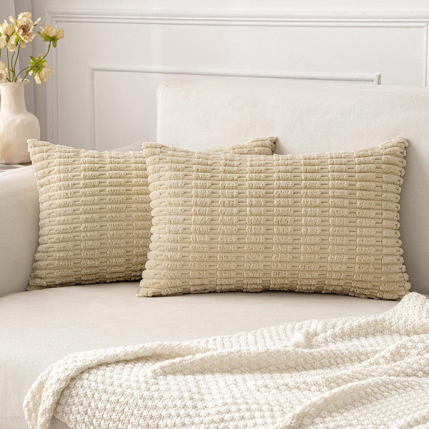 imageMIULEE Pack of 2 Christmas Red Corduroy Decorative Pillow Covers 18x18 Inch Soft Boho Striped Throw Pillow Covers Modern Farmhouse Home Decor for Sofa Living Room Couch BedTan