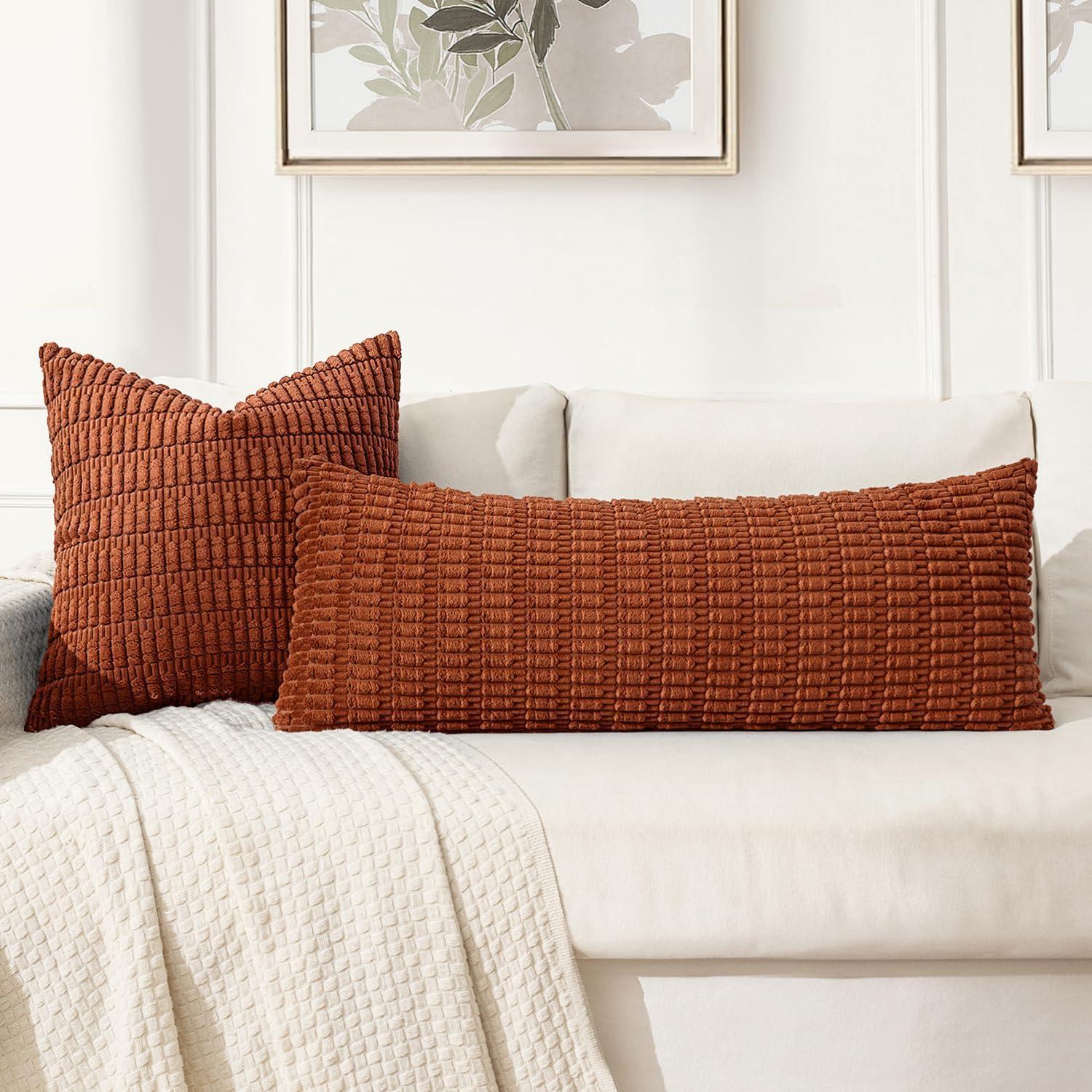 imageMIULEE Pack of 2 Christmas Red Corduroy Decorative Pillow Covers 18x18 Inch Soft Boho Striped Throw Pillow Covers Modern Farmhouse Home Decor for Sofa Living Room Couch BedDark Rust