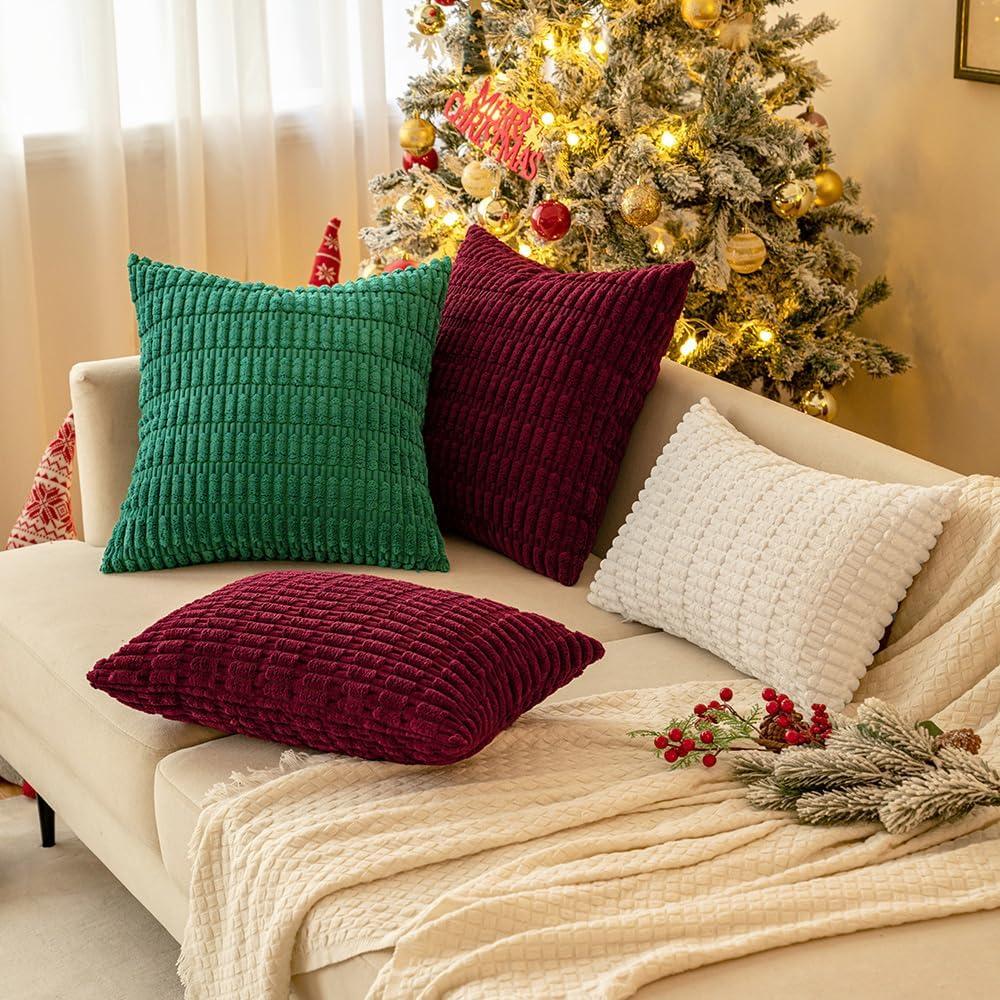 imageMIULEE Pack of 2 Christmas Red Corduroy Decorative Pillow Covers 18x18 Inch Soft Boho Striped Throw Pillow Covers Modern Farmhouse Home Decor for Sofa Living Room Couch BedGreen